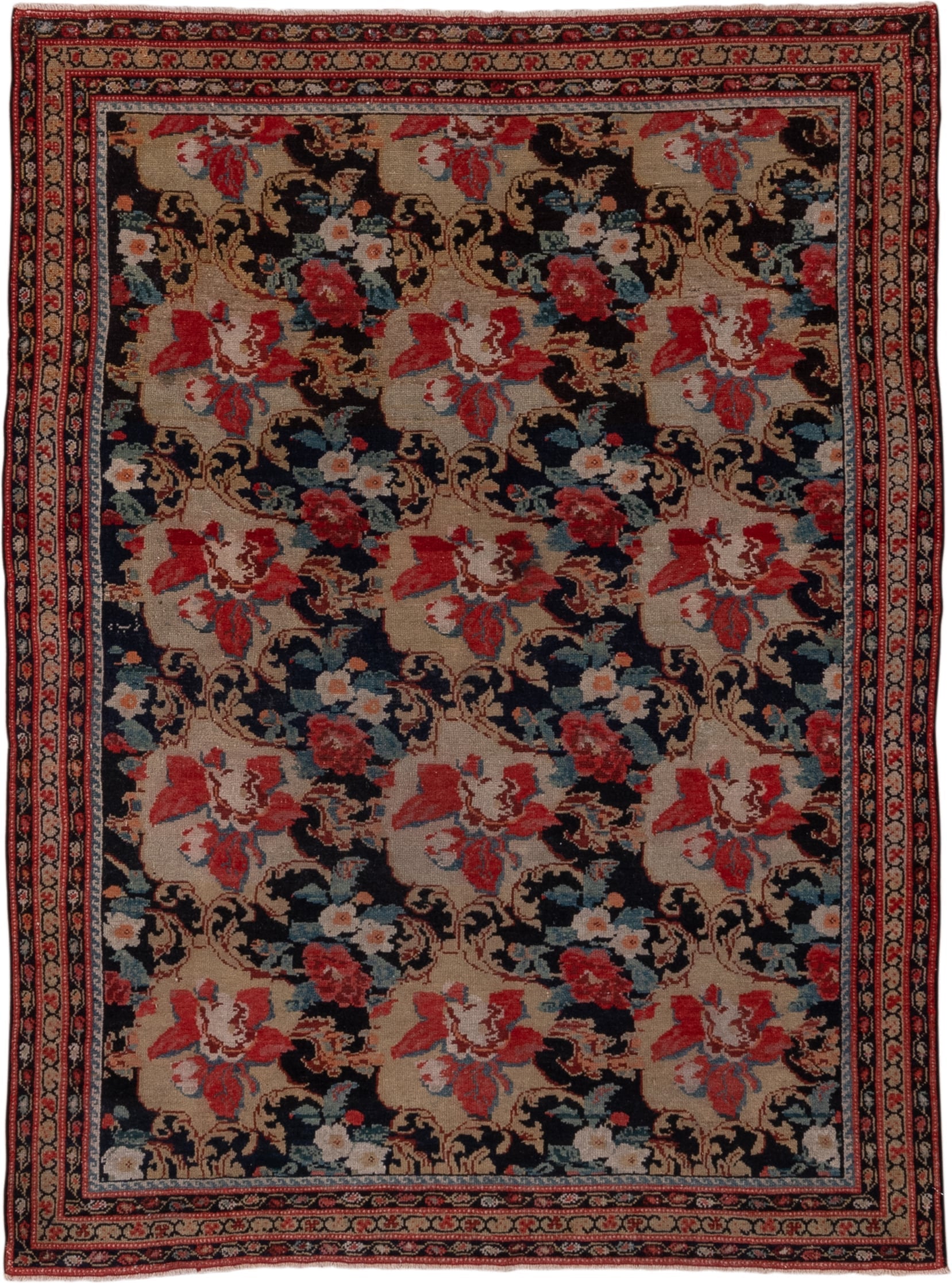 4' x 5' one-of-a-kind handmade antique Malayer small size rug. Color palette: navy, rose, ivory, rust, camel, slate, crimson