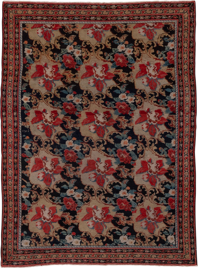 4' x 5' one-of-a-kind handmade antique Malayer small size rug. Color palette: navy, rose, ivory, rust, camel, slate, crimson