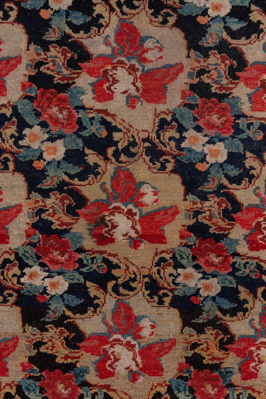 4' x 5' one-of-a-kind handmade antique Malayer small size rug. Color palette: navy, rose, ivory, rust, camel, slate, crimson
