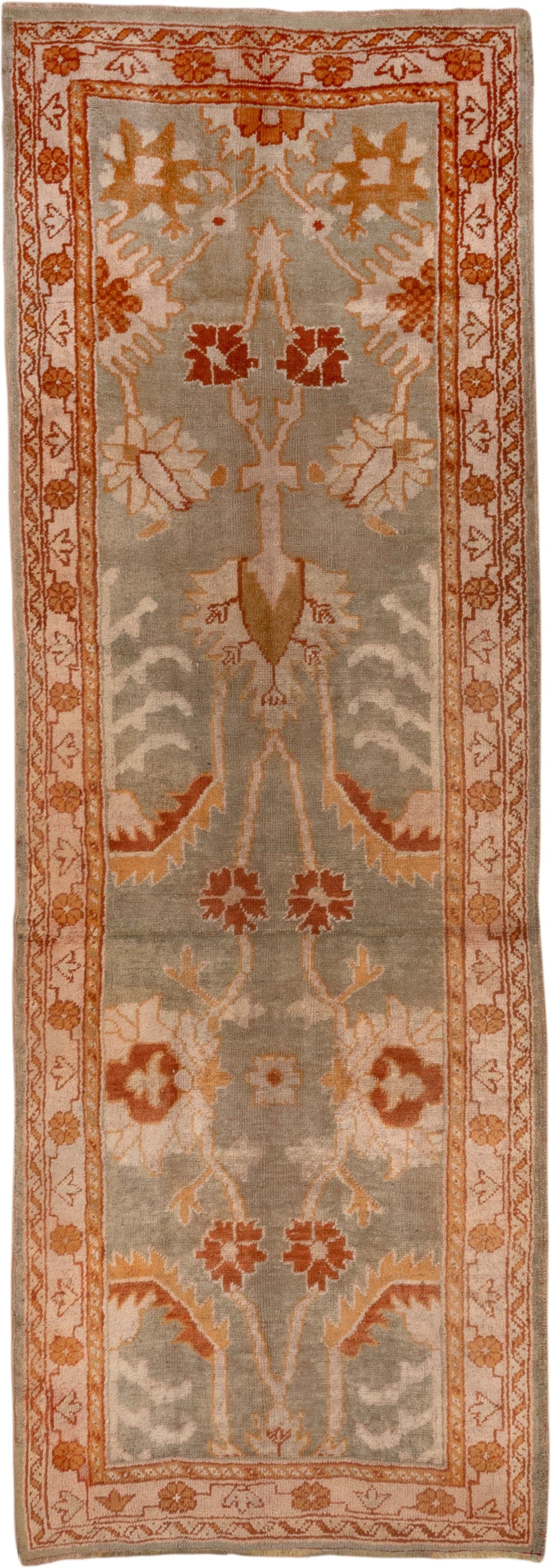 3' x 9' one-of-a-kind handmade antique Oushak runner rug. Color palette: taupe, ivory, rust, camel, sage, beige, gray