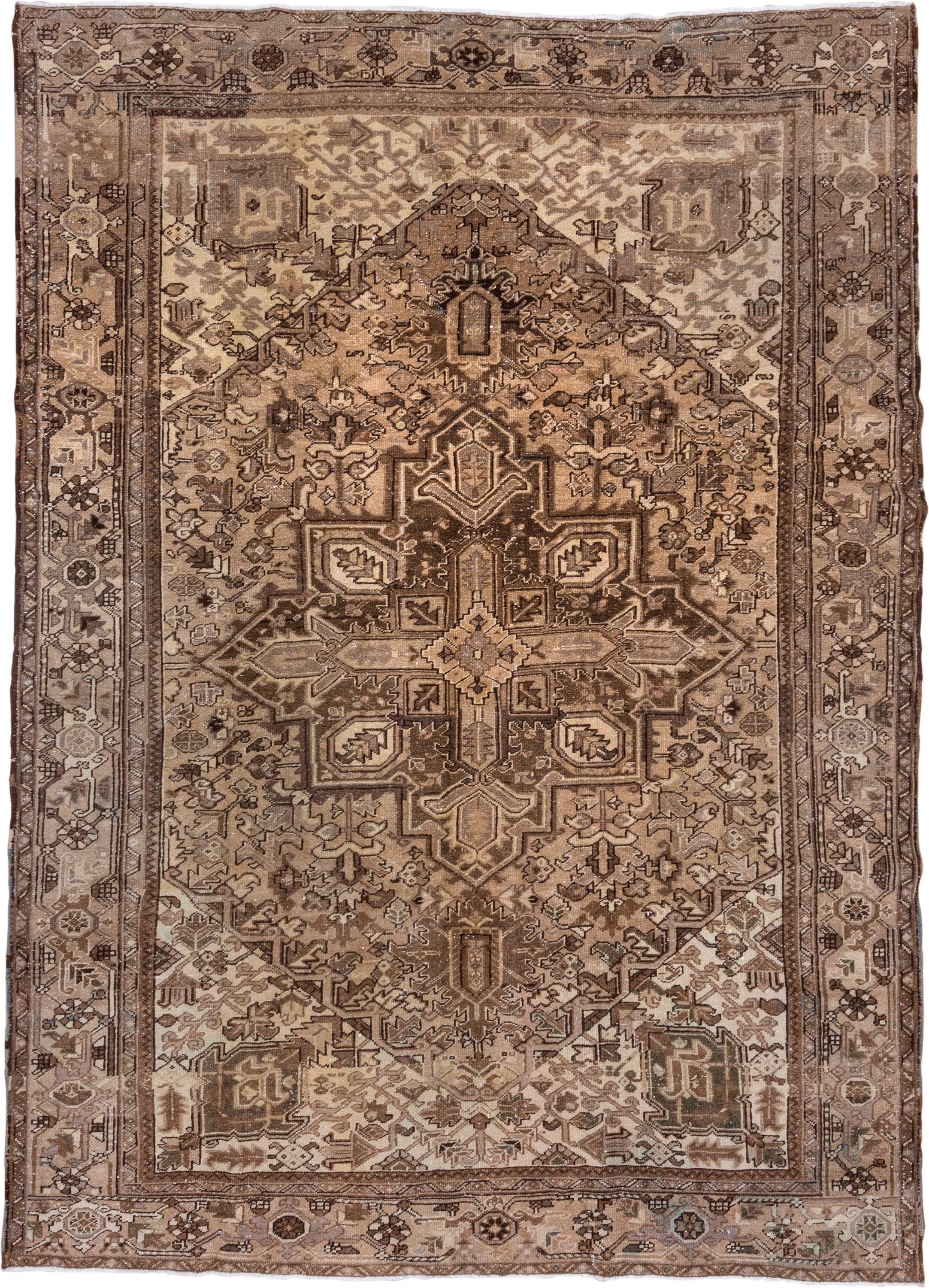 7' x 10' one-of-a-kind handmade antique Heriz large size rug. Color palette: taupe, camel, ivory, brown, beige, charcoal