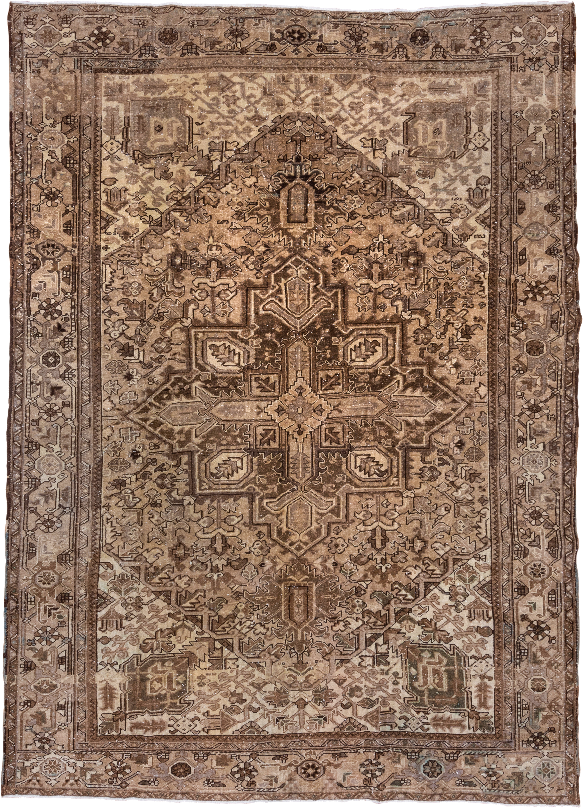 7' x 10' one-of-a-kind handmade antique Heriz large size rug. Color palette: taupe, camel, ivory, brown, beige, charcoal