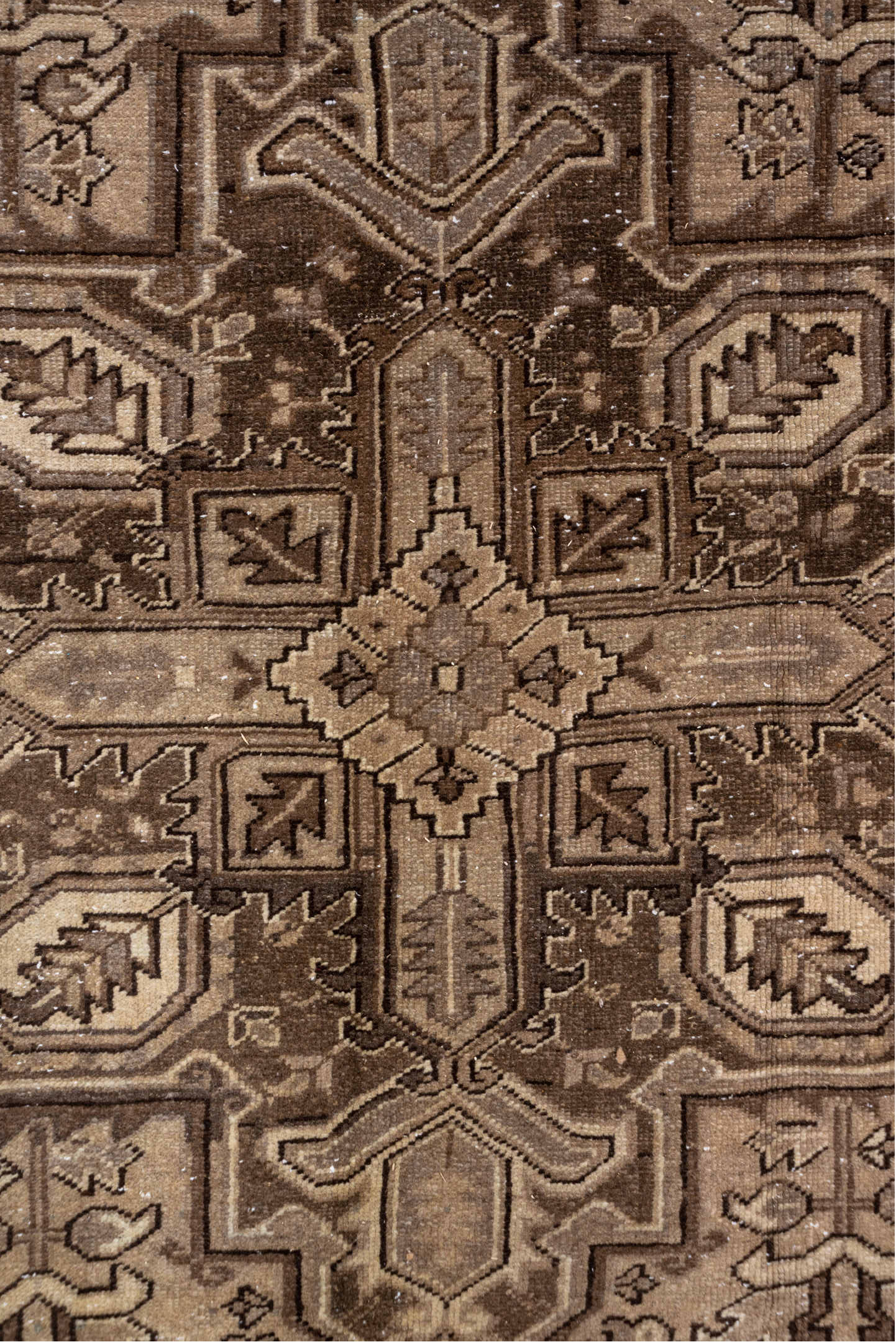 7' x 10' one-of-a-kind handmade antique Heriz large size rug. Color palette: taupe, camel, ivory, brown, beige, charcoal