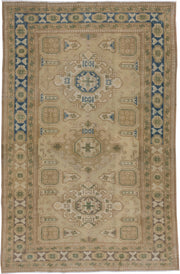 4' x 6' one-of-a-kind handmade antique Oushak small size rug. Color palette: beige, taupe, sage, blue, ivory, camel, olive