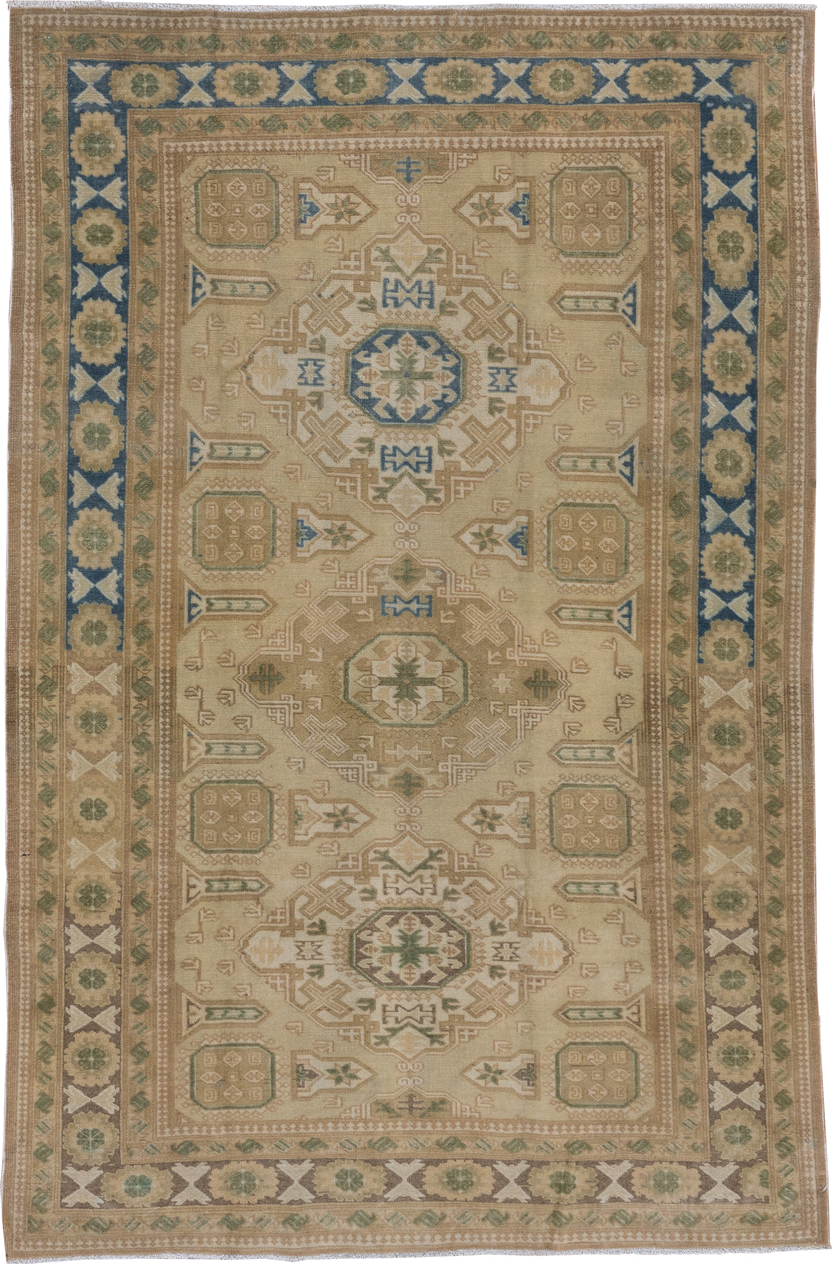 4' x 6' one-of-a-kind handmade antique Oushak small size rug. Color palette: beige, taupe, sage, blue, ivory, camel, olive