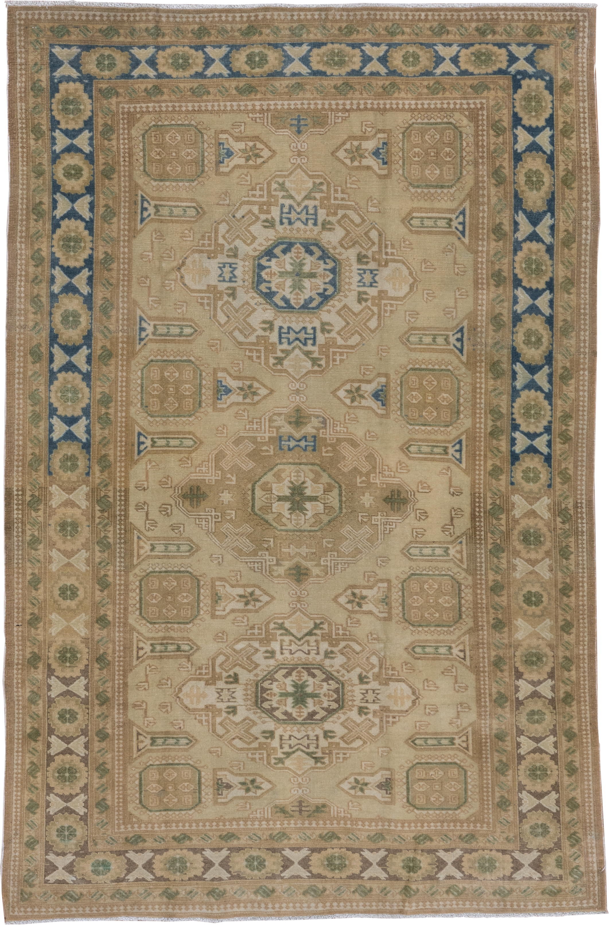 4' x 6' one-of-a-kind handmade antique Oushak small size rug. Color palette: beige, taupe, sage, blue, ivory, camel, olive