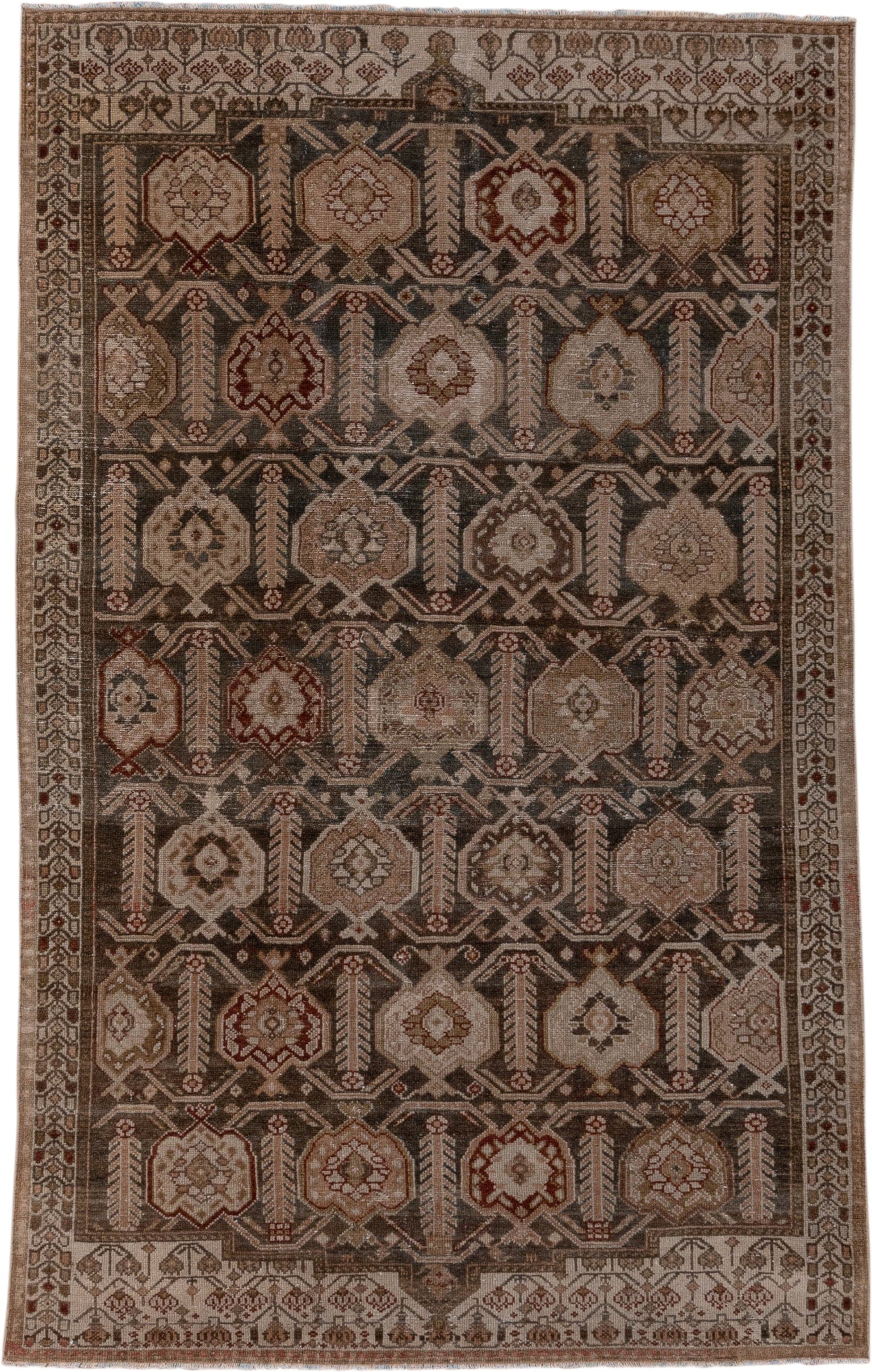 3' x 6' one-of-a-kind handmade antique Malayer small size rug. Color palette: brown, ivory, taupe, rust, charcoal, camel