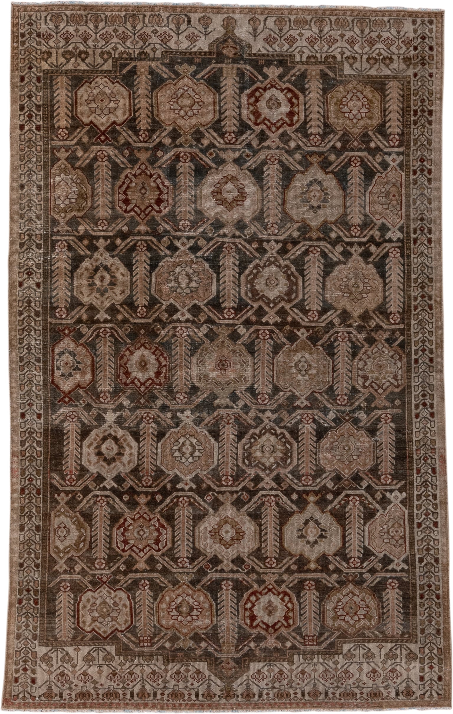 3' x 6' one-of-a-kind handmade antique Malayer small size rug. Color palette: brown, ivory, taupe, rust, charcoal, camel