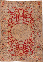 4' x 5' one-of-a-kind handmade antique Kaisary small size rug. Color palette: red, ivory, taupe, beige, slate, camel, gray