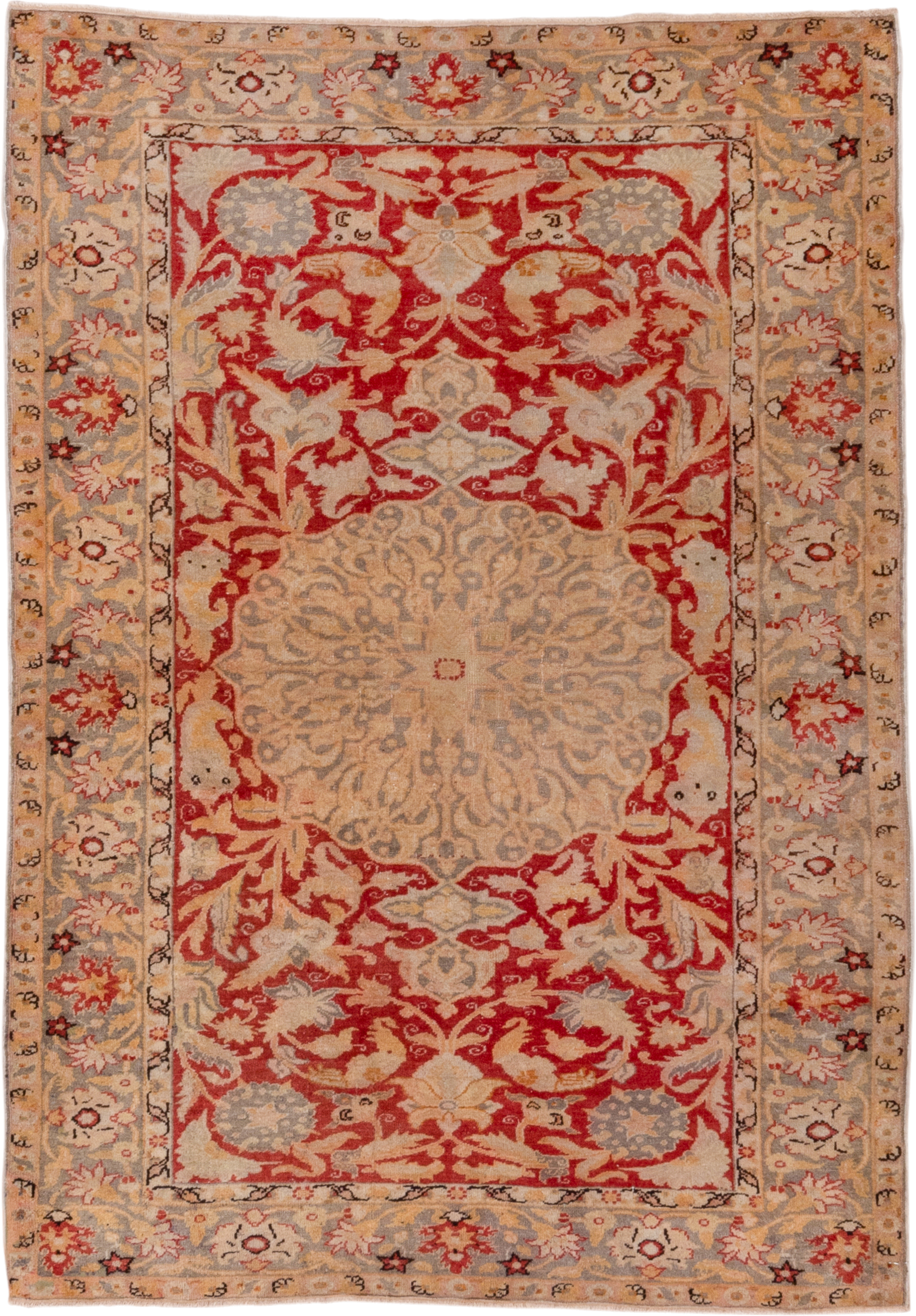 4' x 5' one-of-a-kind handmade antique Kaisary small size rug. Color palette: red, ivory, taupe, beige, slate, camel, gray