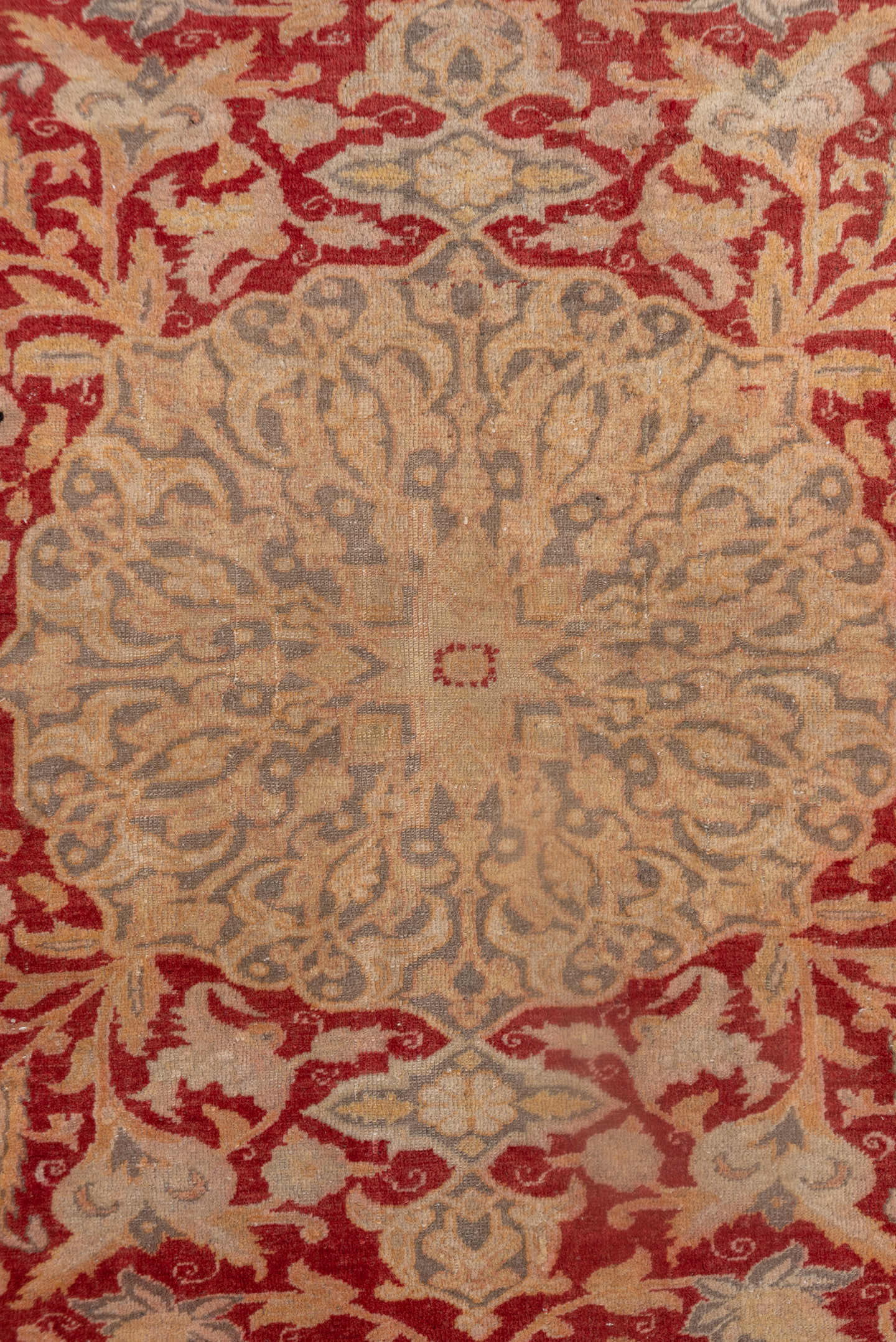4' x 5' one-of-a-kind handmade antique Kaisary small size rug. Color palette: red, ivory, taupe, beige, slate, camel, gray
