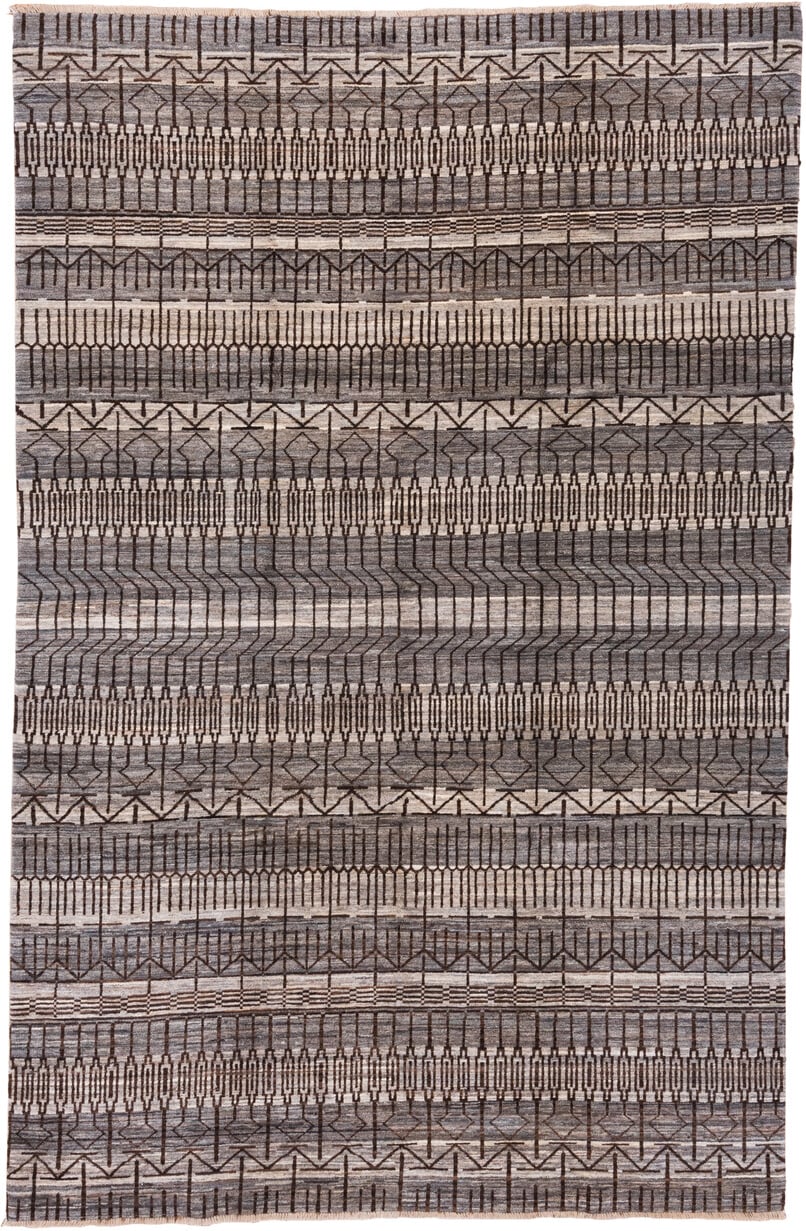 6' x 9' one-of-a-kind handmade vintage Gabbe medium size rug. Color palette: taupe, charcoal, ivory, brown, gray, beige