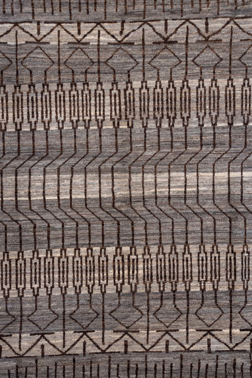 6' x 9' one-of-a-kind handmade vintage Gabbe medium size rug. Color palette: taupe, charcoal, ivory, brown, gray, beige