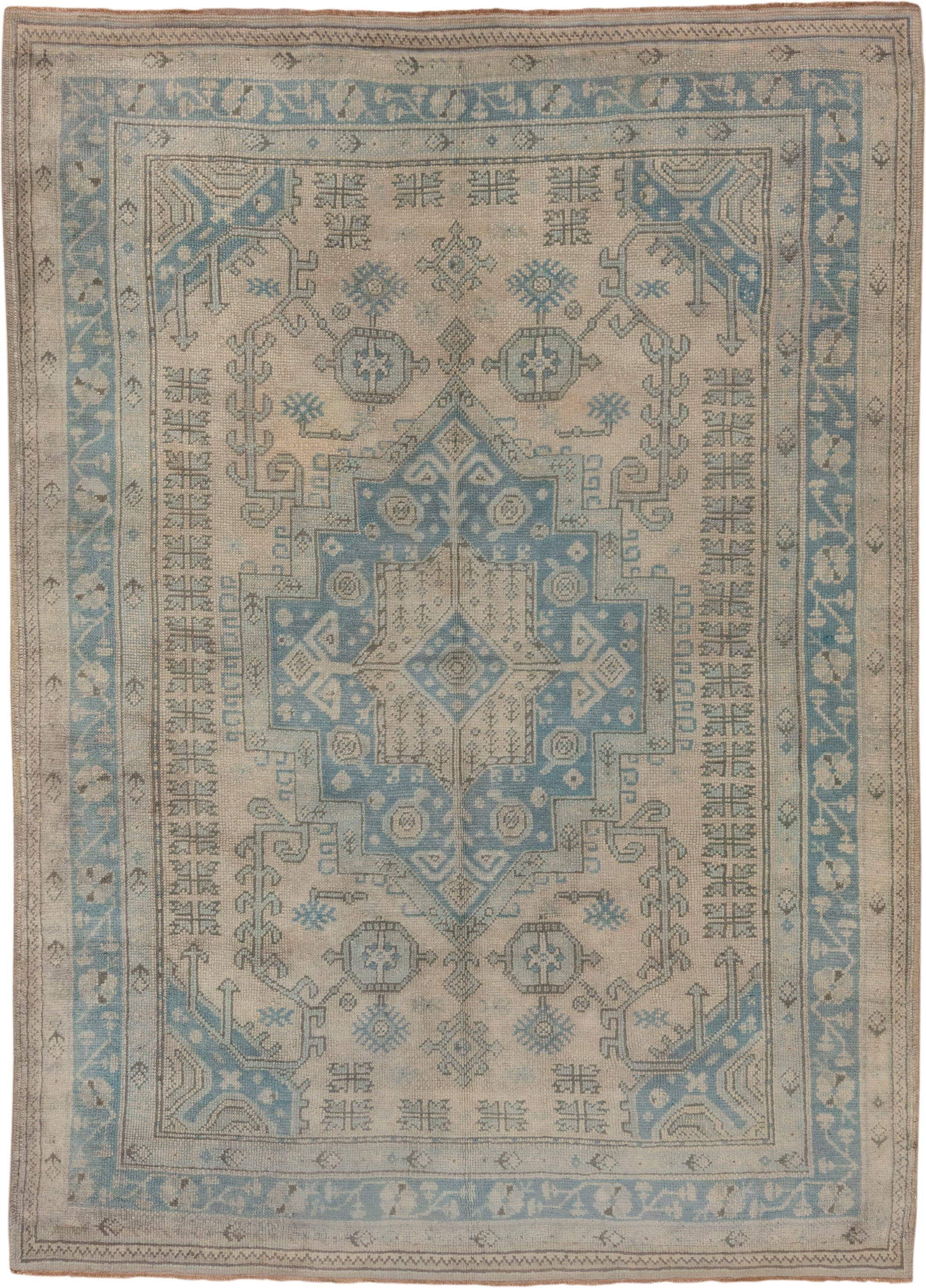 6' x 9' one-of-a-kind handmade antique Oushak medium size rug. Color palette: ivory, powder_blue, sky_blue, taupe, beige