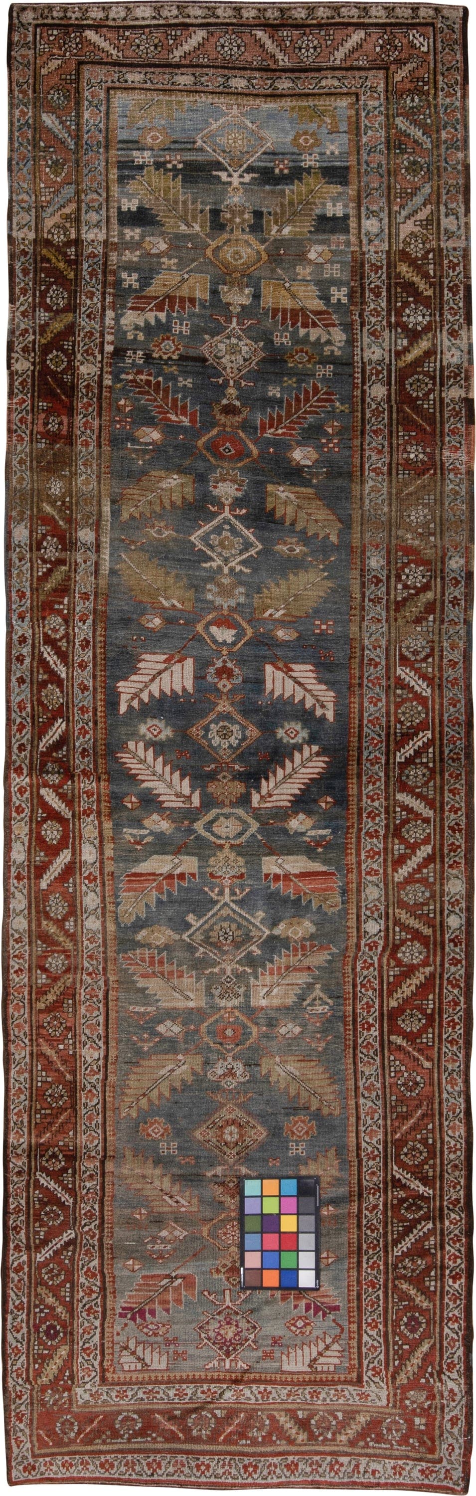 3' x 12' one-of-a-kind handmade antique NW Persian runner rug. Color palette: blue, rust, ivory, camel, burgundy, taupe