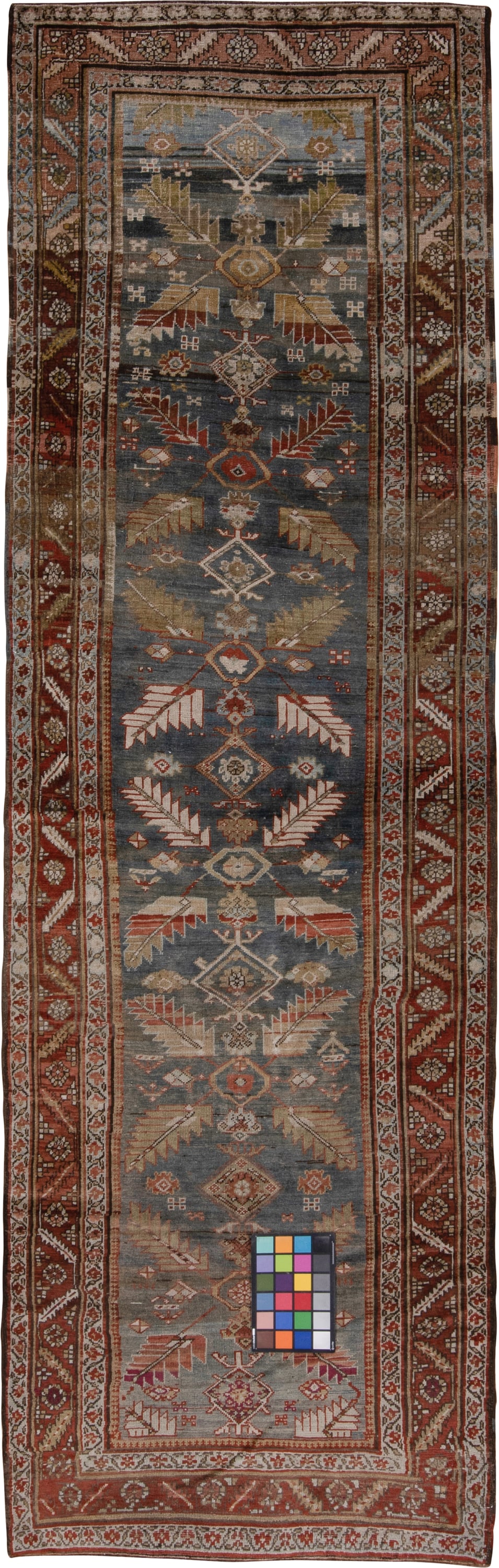 3' x 12' one-of-a-kind handmade antique NW Persian runner rug. Color palette: blue, rust, ivory, camel, burgundy, taupe