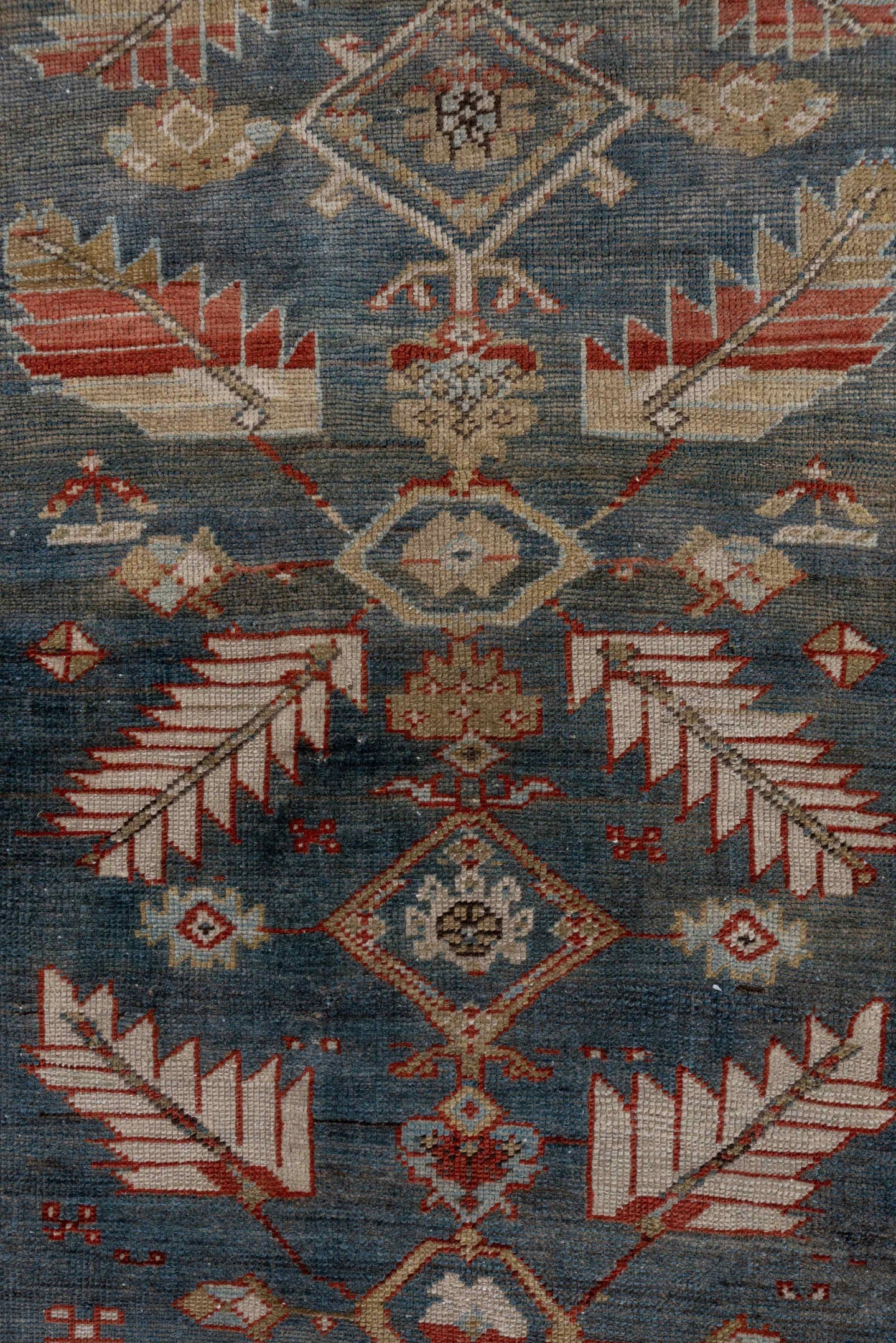 3' x 12' one-of-a-kind handmade antique NW Persian runner rug. Color palette: blue, rust, ivory, camel, burgundy, taupe