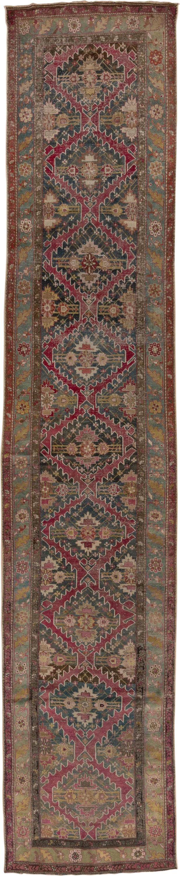 3' x 17' one-of-a-kind handmade antique Karabagh runner rug. Color palette: rose, slate, taupe, burgundy, sage, ivory, gold