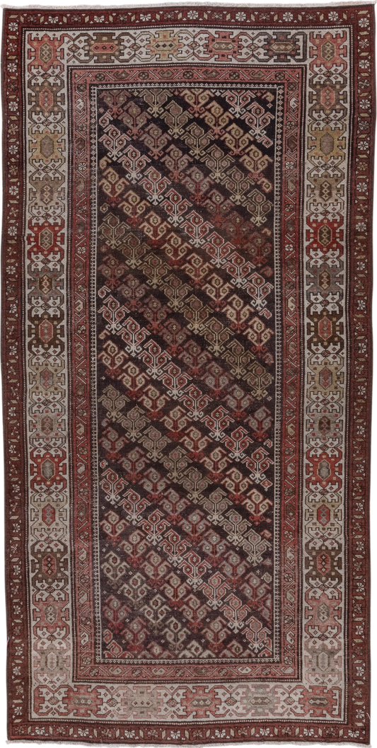 4' x 8' one-of-a-kind handmade antique Malayer runner rug. Color palette: brown, ivory, rust, rose, taupe, burgundy