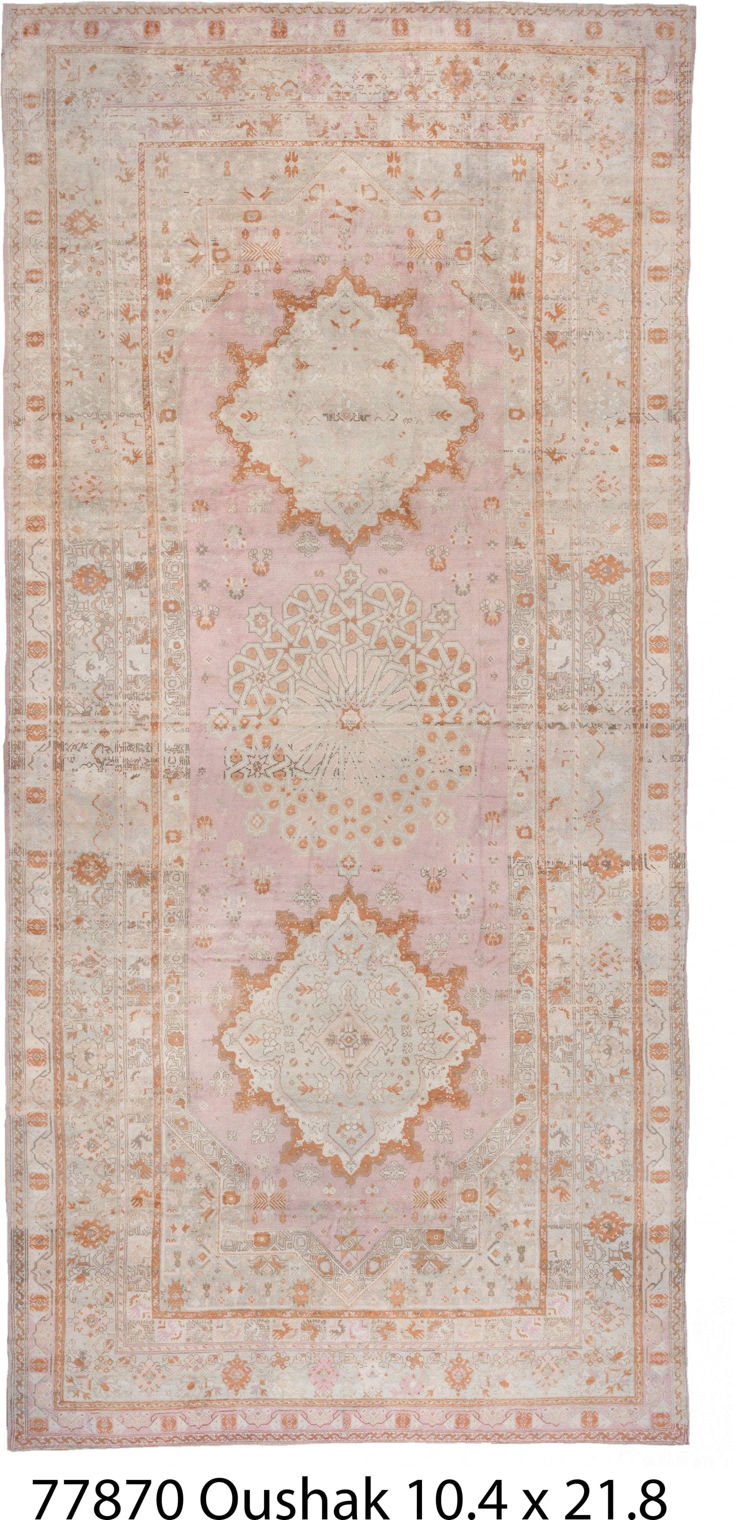 10' x 21' one-of-a-kind handmade antique Oushak rug. Color palette: ivory, blush, peach, taupe, camel, sage, pink
