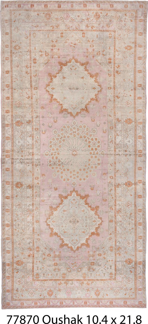 10' x 21' one-of-a-kind handmade antique Oushak rug. Color palette: ivory, blush, peach, taupe, camel, sage, pink