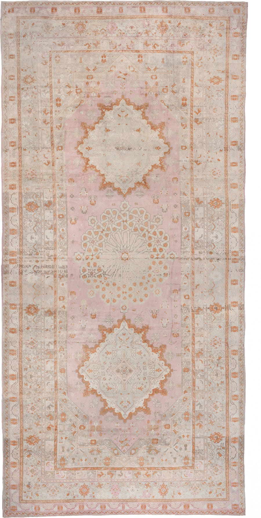 10' x 21' one-of-a-kind handmade antique Oushak rug. Color palette: ivory, blush, peach, taupe, camel, sage, pink