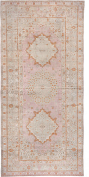 10' x 21' one-of-a-kind handmade antique Oushak rug. Color palette: ivory, blush, peach, taupe, camel, sage, pink