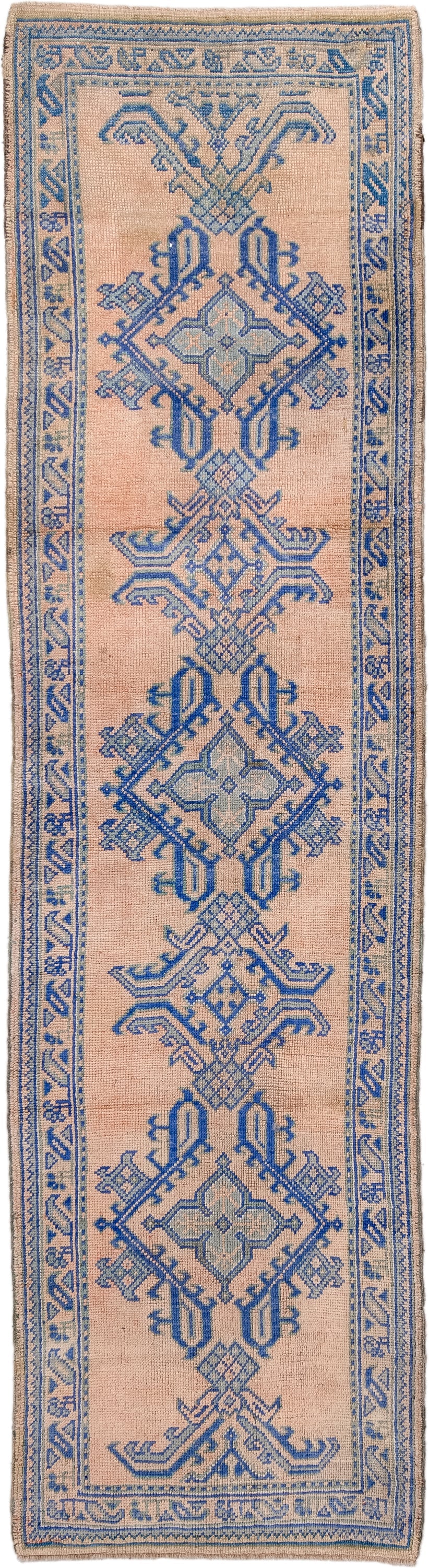3' x 11' one-of-a-kind handmade antique Oushak runner rug. Color palette: peach, sky blue, ivory, beige, camel, terracotta