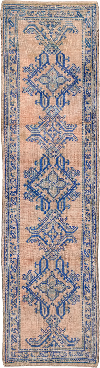 3' x 11' one-of-a-kind handmade antique Oushak runner rug. Color palette: peach, sky blue, ivory, beige, camel, terracotta