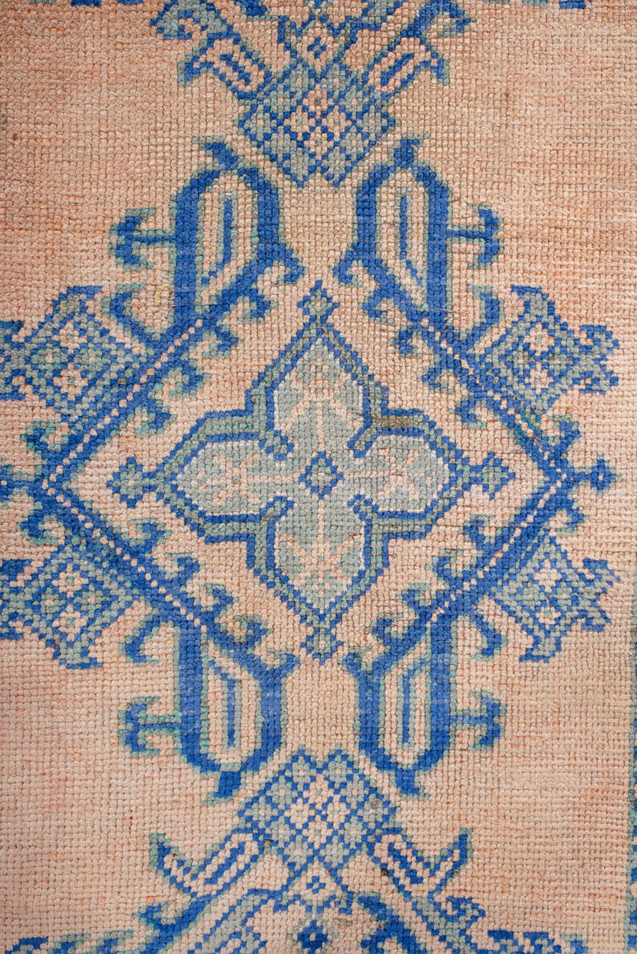 3' x 11' one-of-a-kind handmade antique Oushak runner rug. Color palette: peach, sky blue, ivory, beige, camel, terracotta