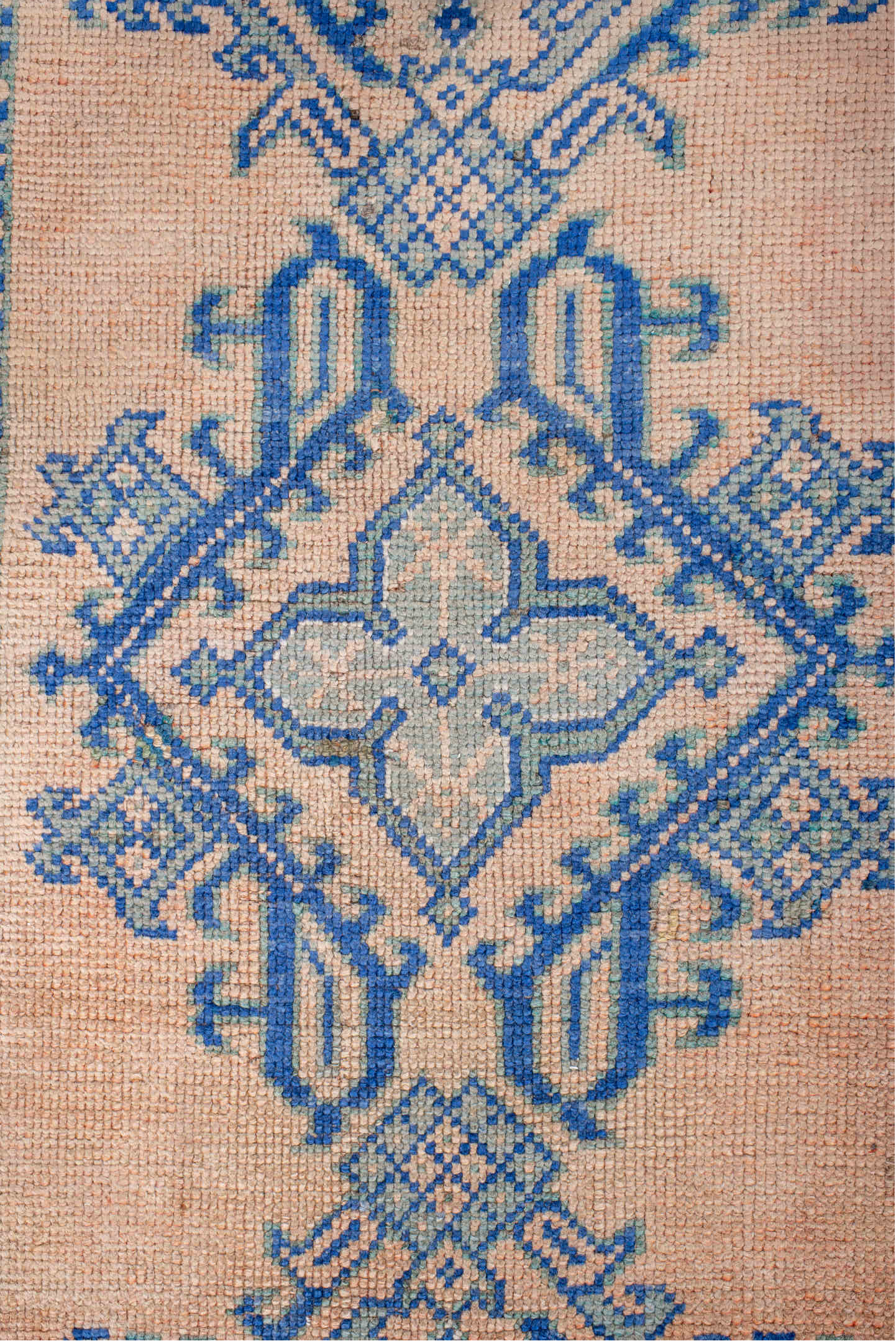 3' x 11' one-of-a-kind handmade antique Oushak runner rug. Color palette: peach, sky blue, ivory, beige, camel, terracotta