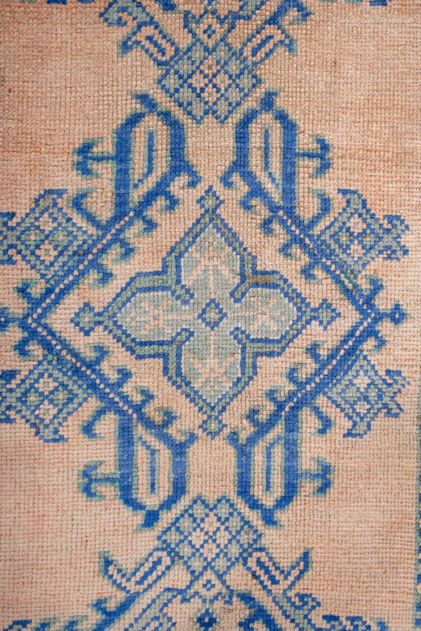 3' x 11' one-of-a-kind handmade antique Oushak runner rug. Color palette: peach, sky blue, ivory, beige, camel, terracotta