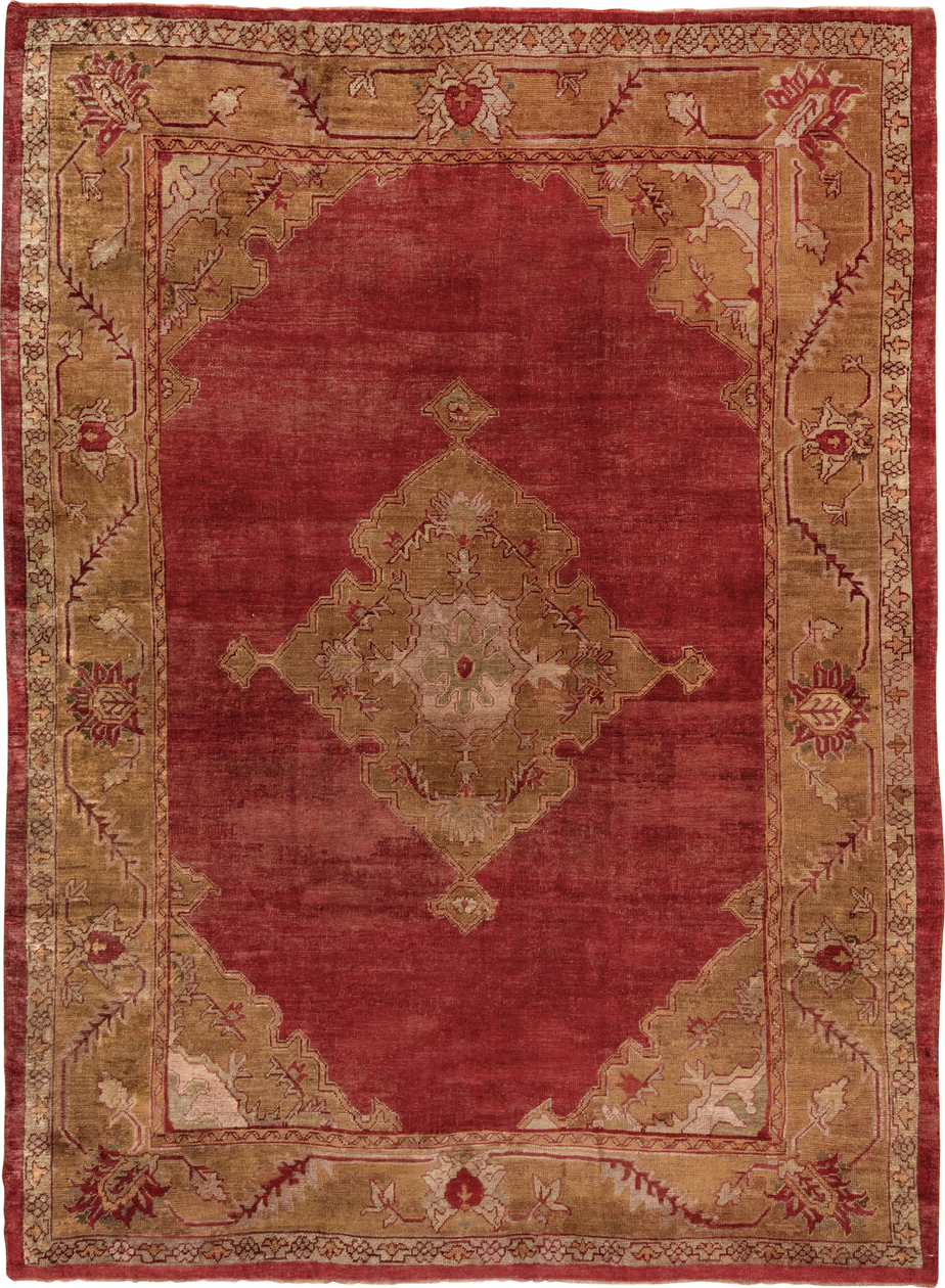 8' x 11' one-of-a-kind handmade antique Oushak large size rug. Color palette: terra cotta, olive, rose, ivory, rust, sage