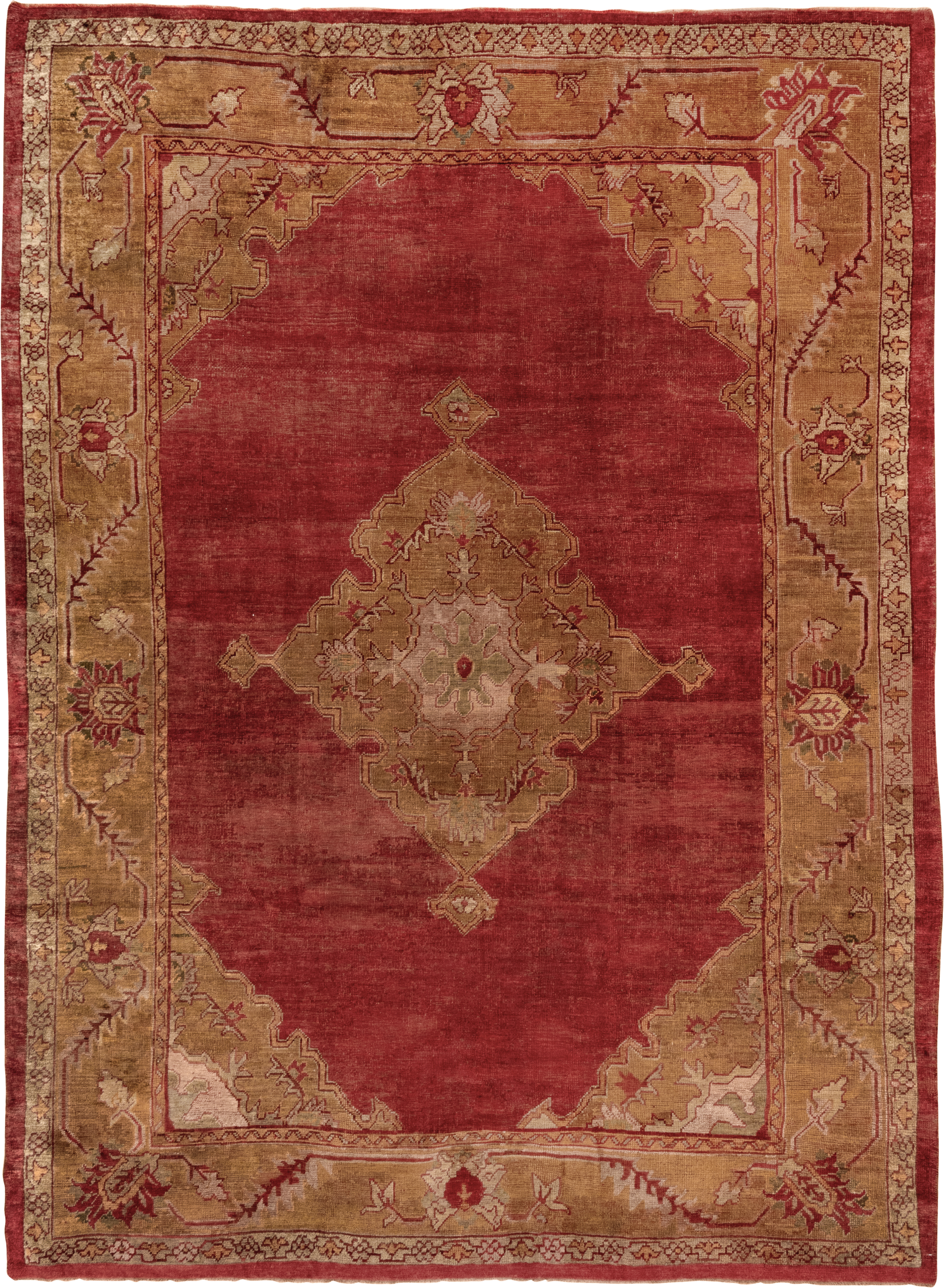 8' x 11' one-of-a-kind handmade antique Oushak large size rug. Color palette: terra cotta, olive, rose, ivory, rust, sage