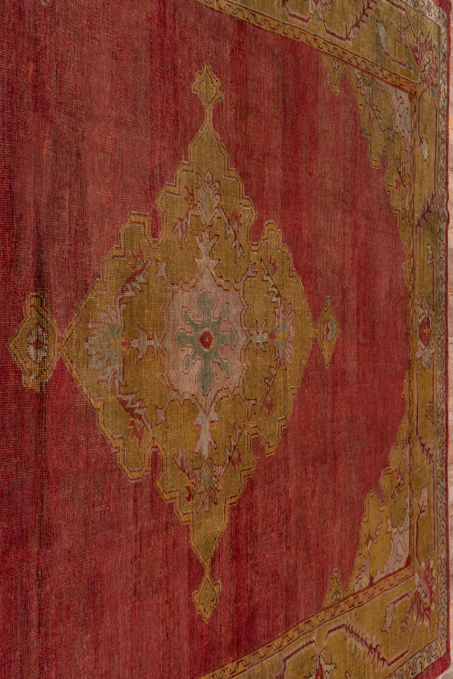 8' x 11' one-of-a-kind handmade antique Oushak large size rug. Color palette: terra cotta, olive, rose, ivory, rust, sage
