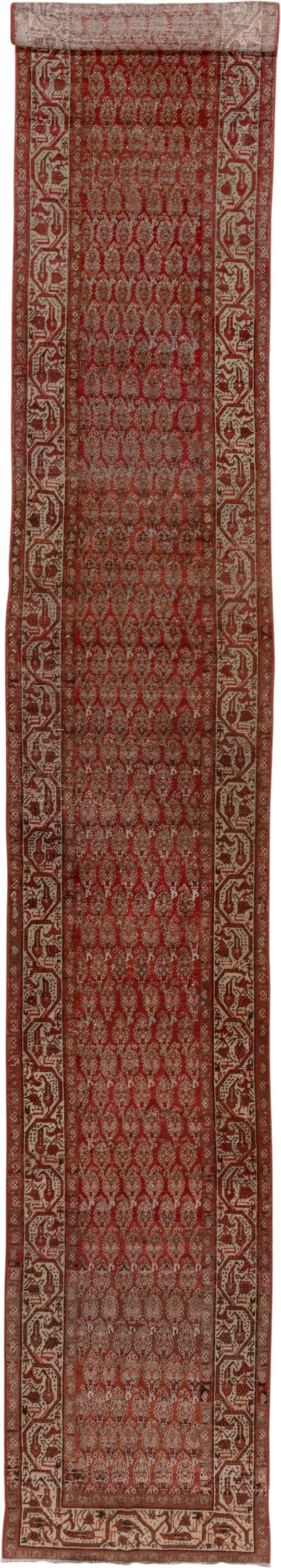 3' x 19' one-of-a-kind handmade antique Saraband runner rug. Color palette: rust, ivory, brick, burgundy, camel, brown