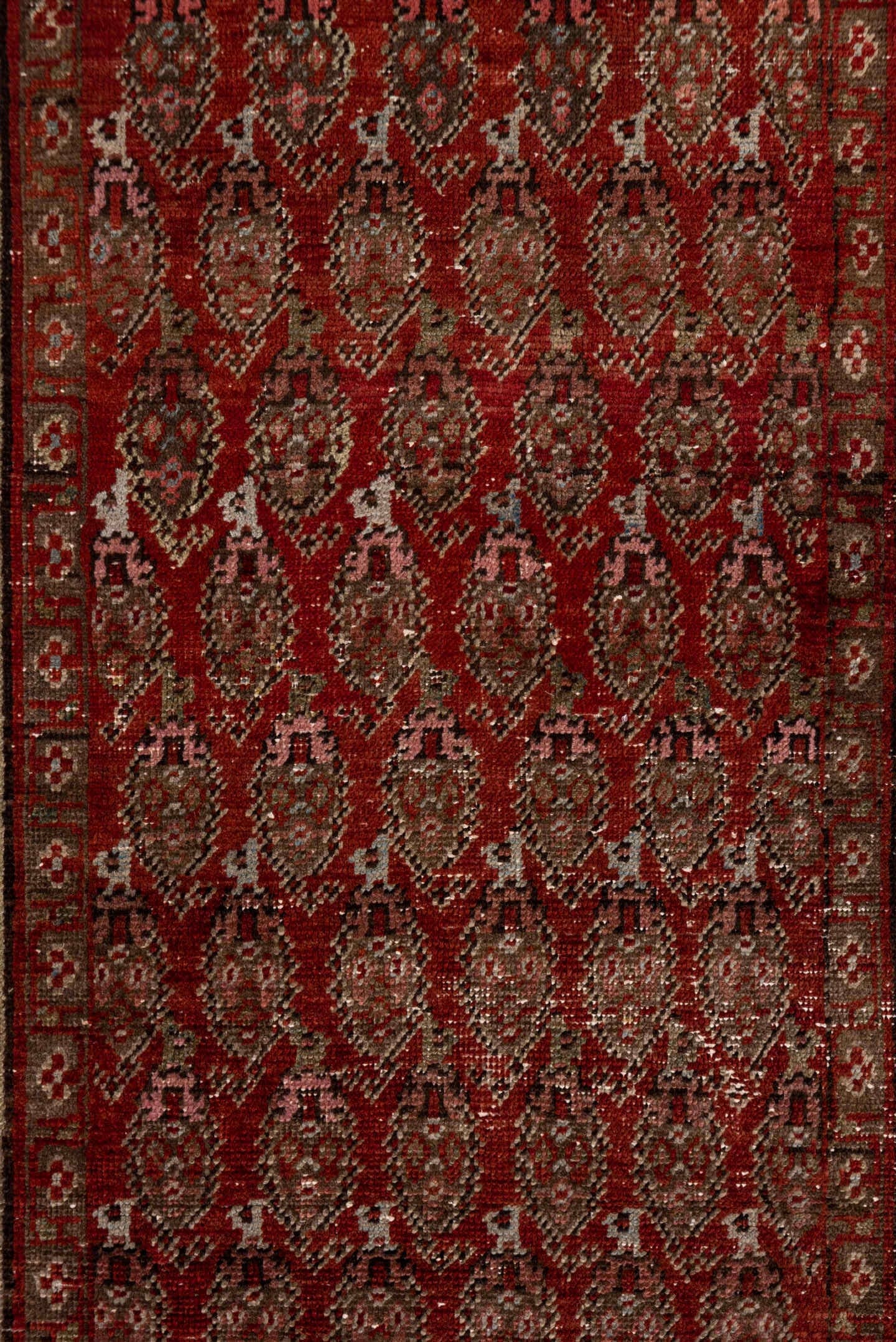 3' x 19' one-of-a-kind handmade antique Saraband runner rug. Color palette: rust, ivory, brick, burgundy, camel, brown