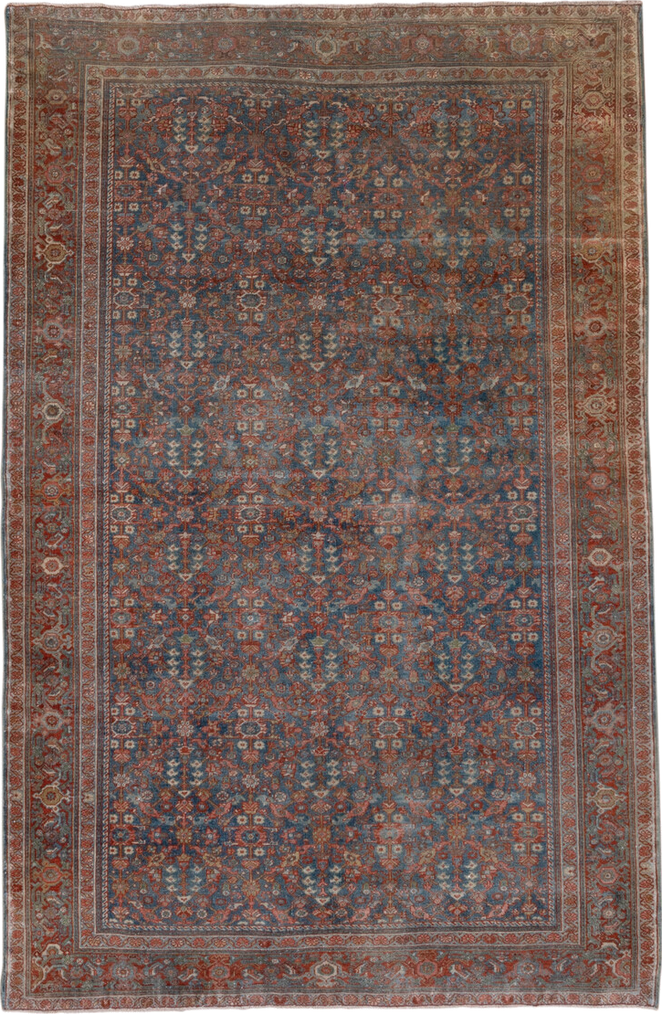 4' x 6' one-of-a-kind handmade antique Malayer small size rug. Color palette: blue, rust, ivory, terra cotta, slate, camel