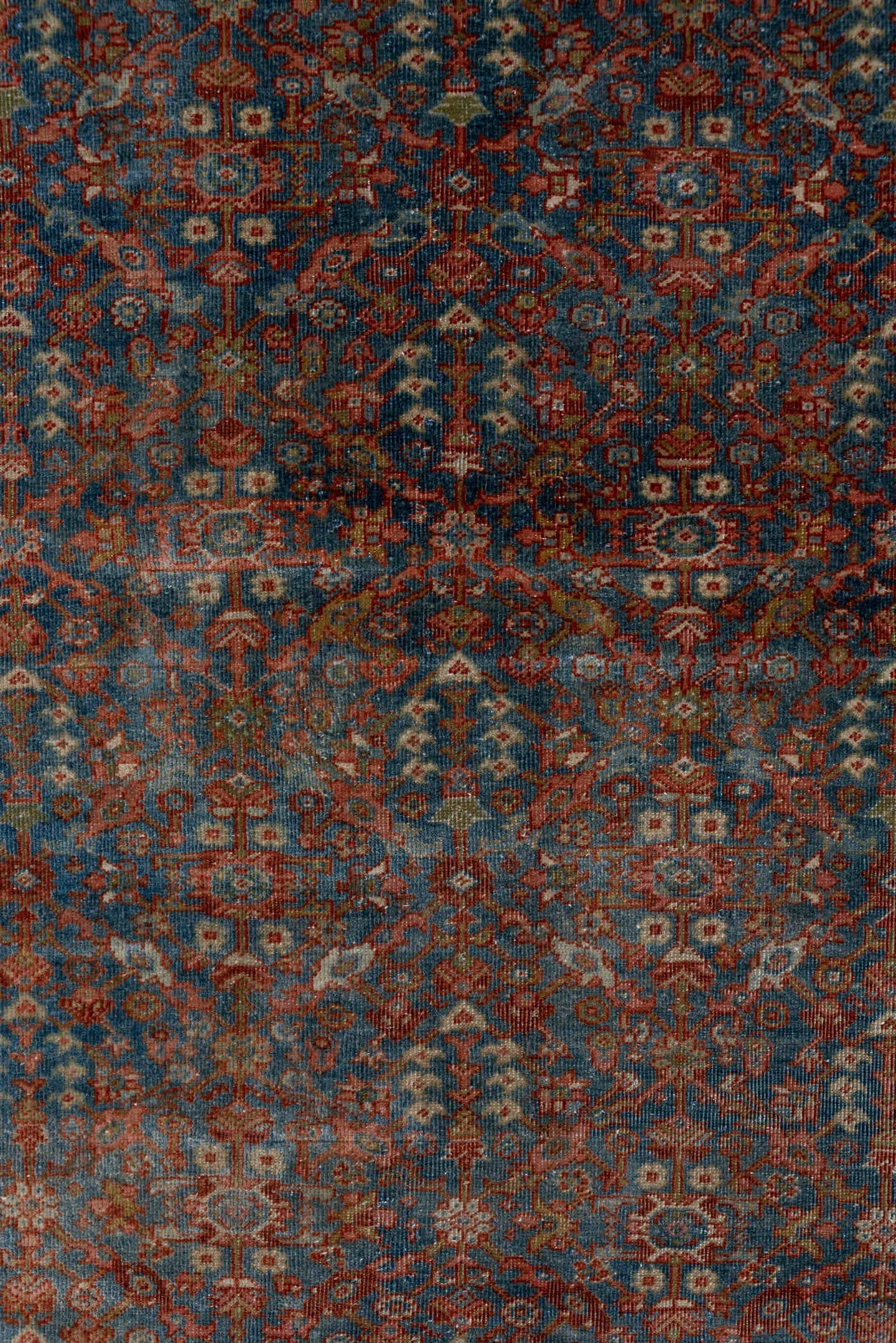 4' x 6' one-of-a-kind handmade antique Malayer small size rug. Color palette: blue, rust, ivory, terra cotta, slate, camel
