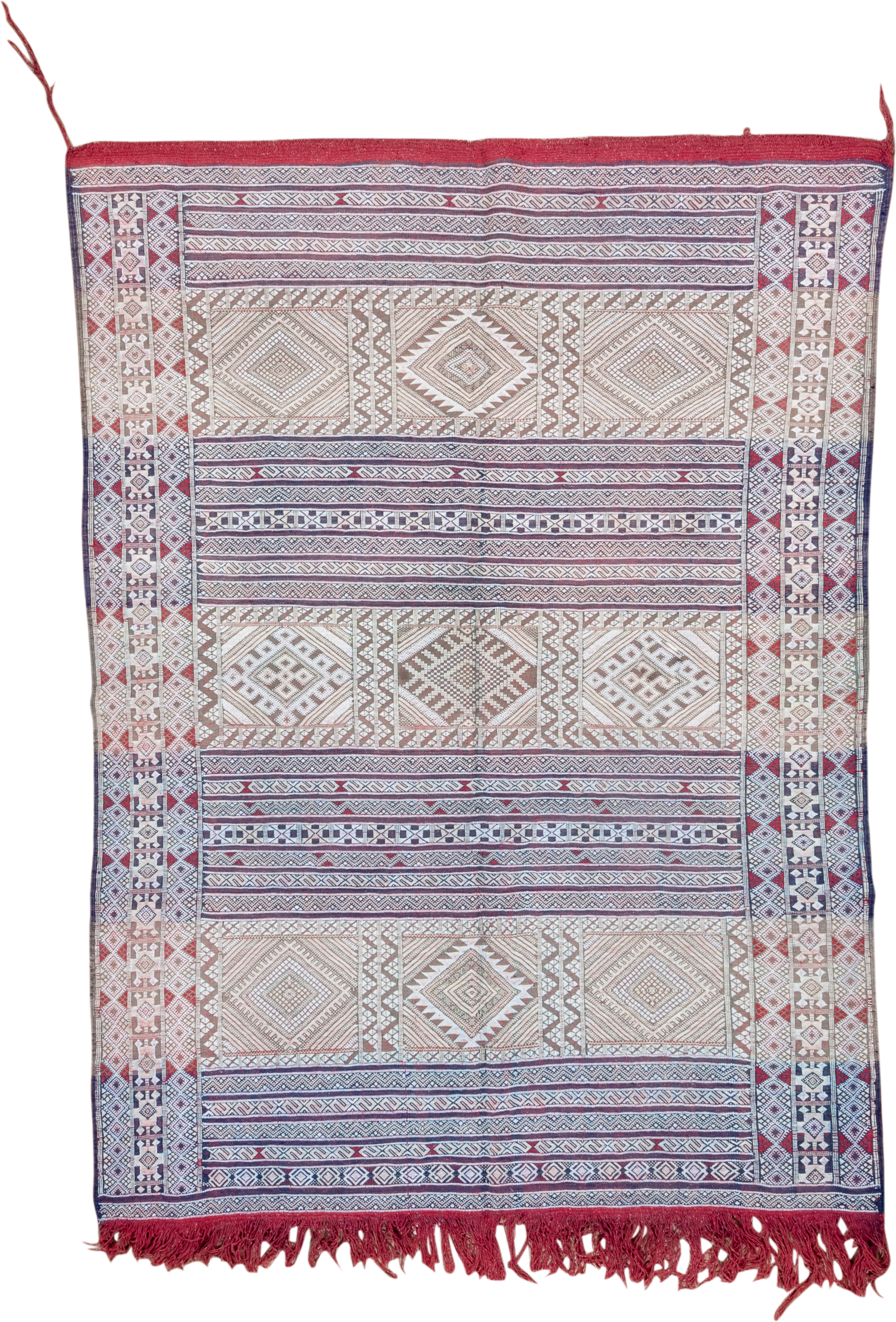 5' x 7' one-of-a-kind handmade vintage Jijim rug. Color palette: ivory, rose, burgundy, indigo, taupe, dusty blue, pink, red