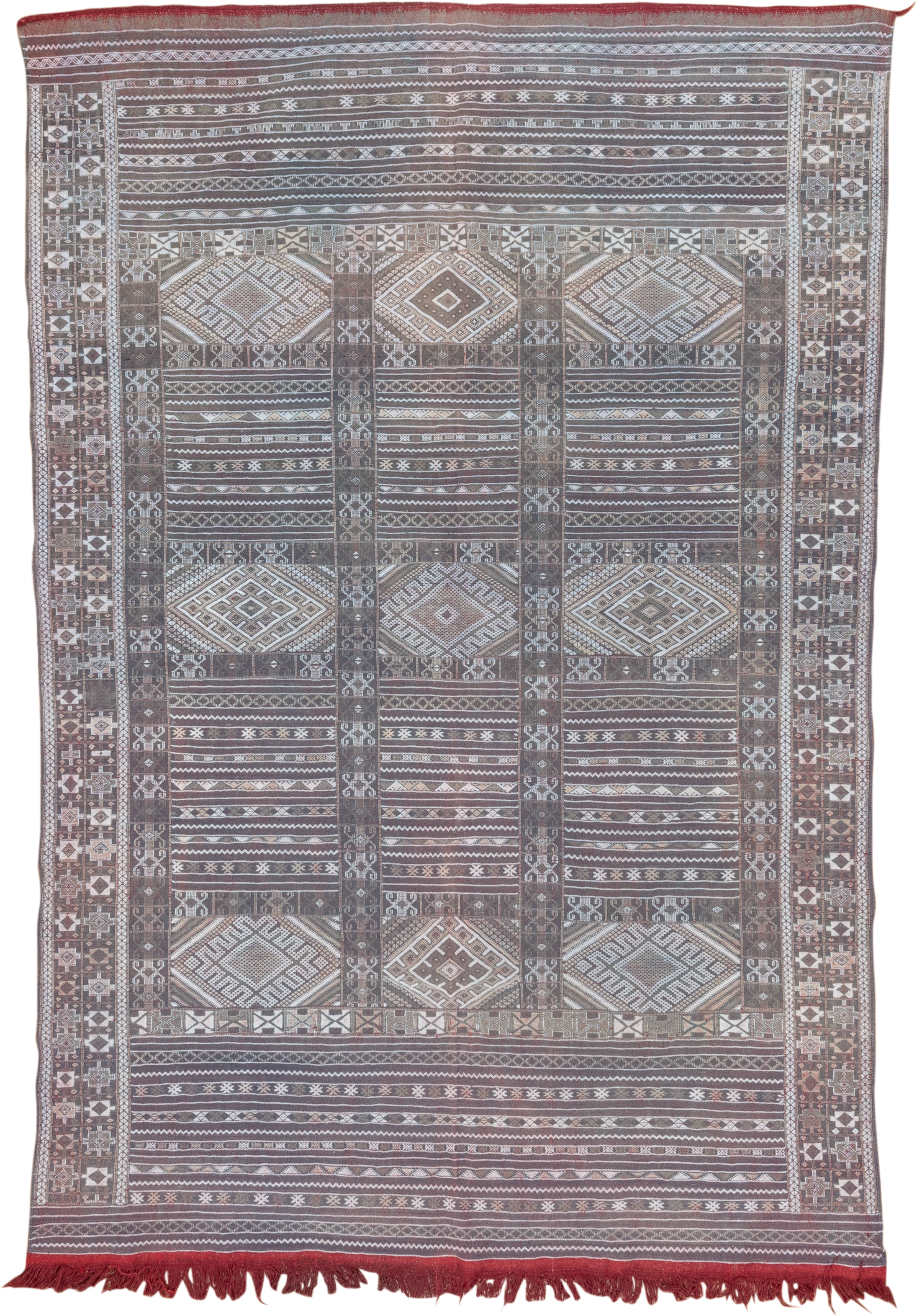 6' x 9' one-of-a-kind handmade vintage Jijim medium size rug. Color palette: taupe, brown, ivory, burgundy, rose, charcoal