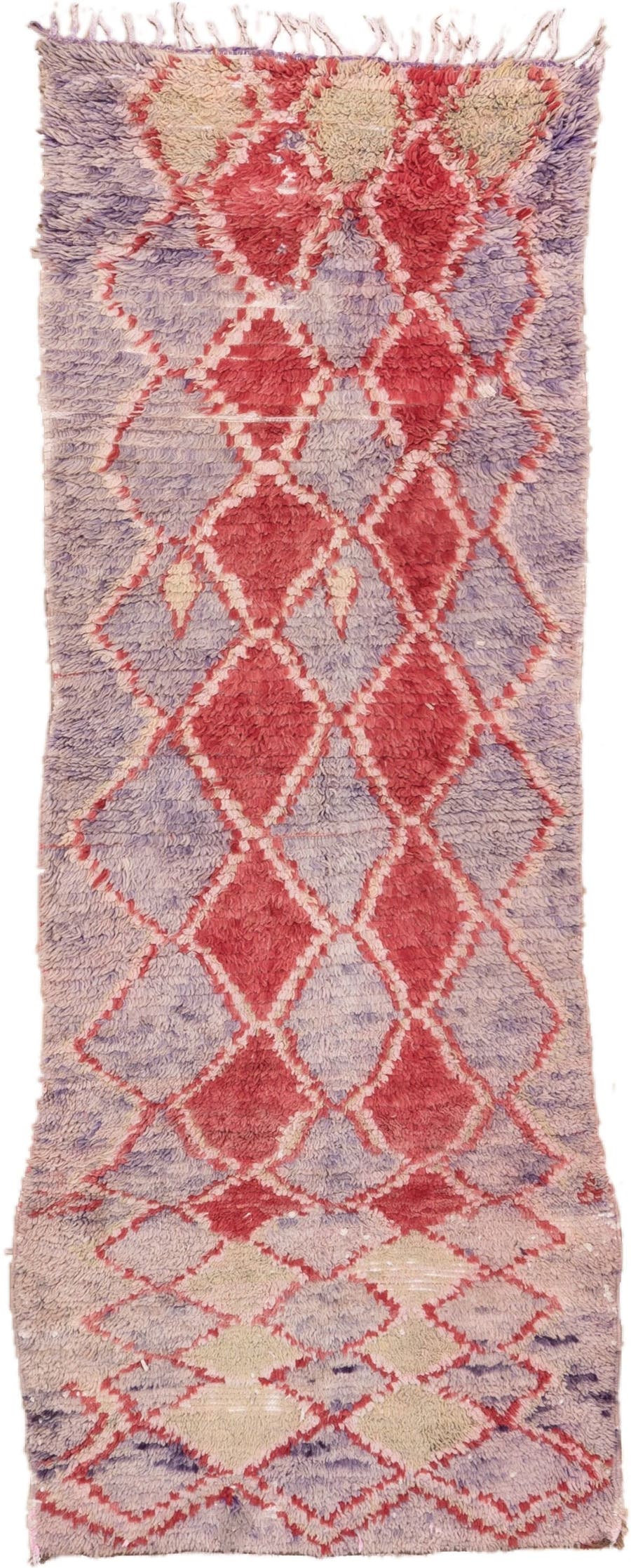 3' x 9' one-of-a-kind handmade vintage Rag Rug runner rug. Color palette: lavender, rose, ivory, blush, lilac, light gray