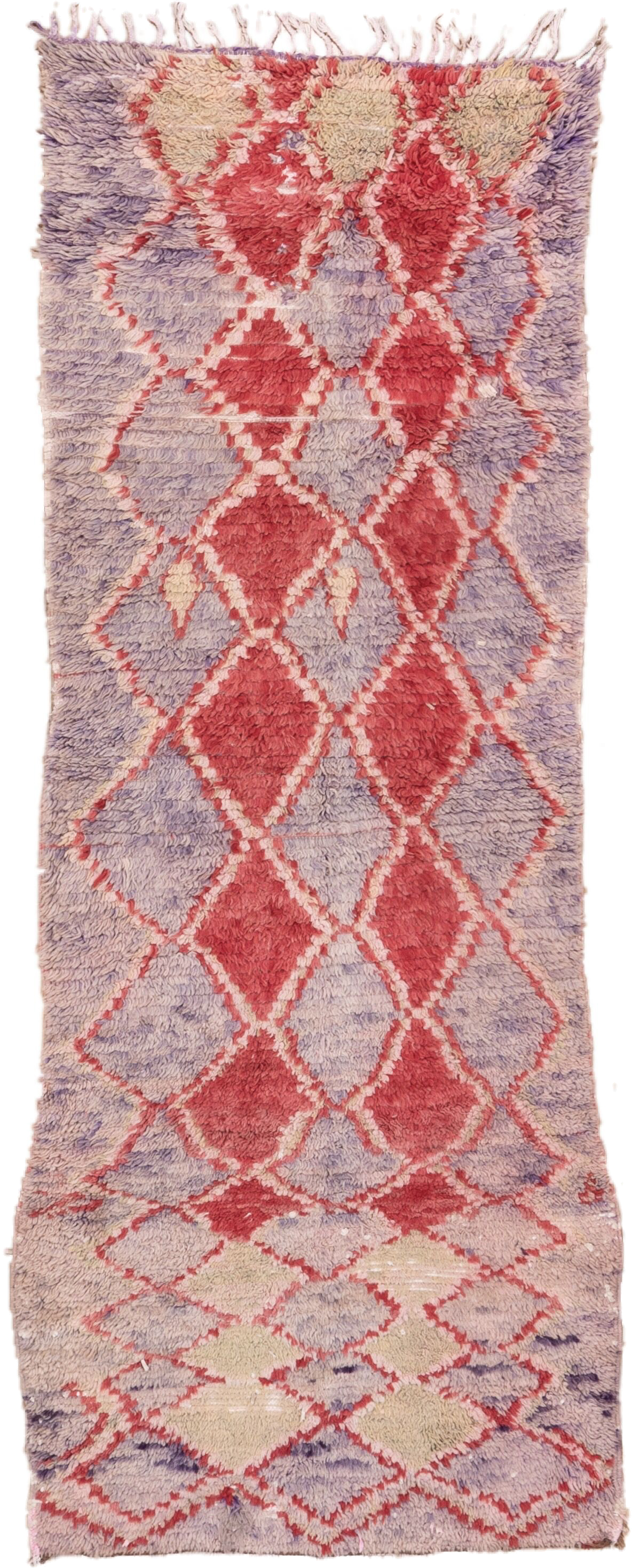 3' x 9' one-of-a-kind handmade vintage Rag Rug runner rug. Color palette: lavender, rose, ivory, blush, lilac, light gray