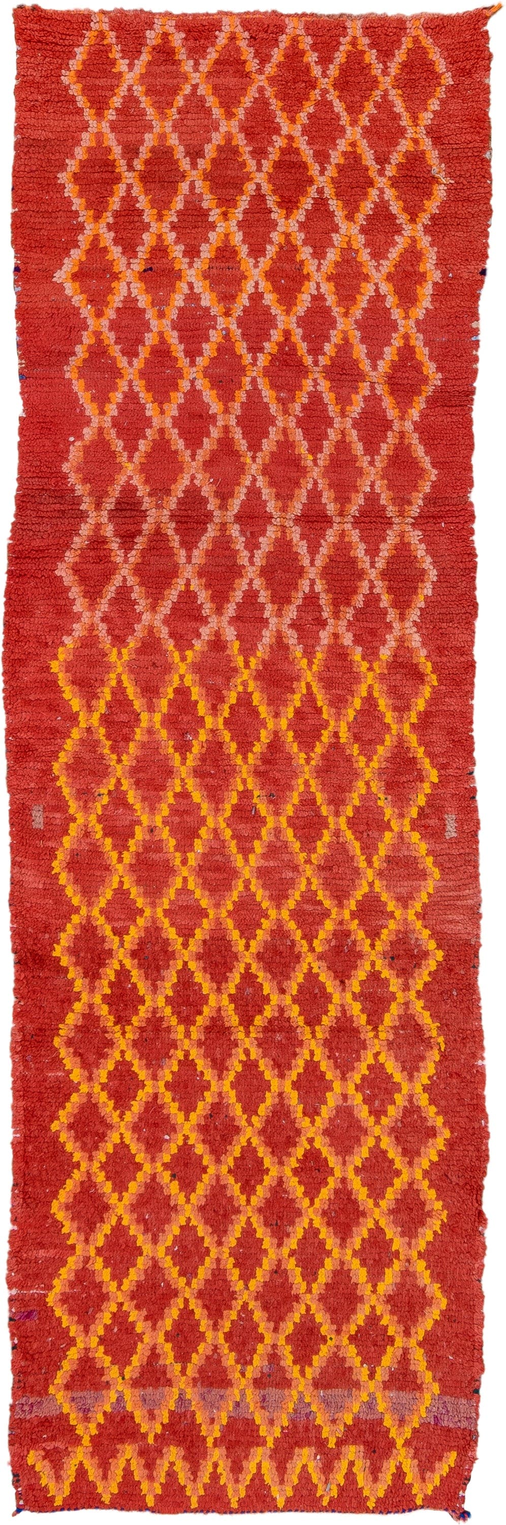 3' x 9' one-of-a-kind handmade vintage Rag Rug runner rug. Color palette: red, coral, gold, terra cotta, rose, terracotta