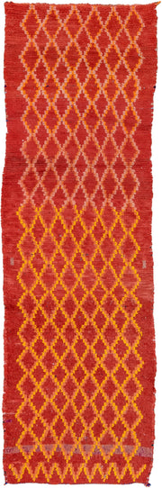 3' x 9' one-of-a-kind handmade vintage Rag Rug runner rug. Color palette: red, coral, gold, terra cotta, rose, terracotta