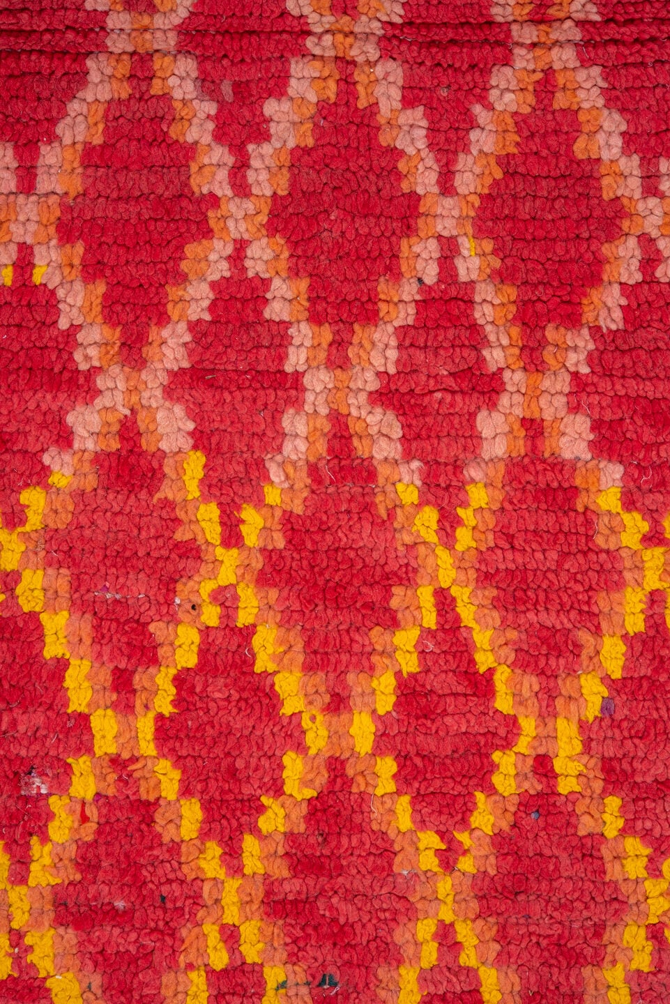 3' x 9' one-of-a-kind handmade vintage Rag Rug runner rug. Color palette: red, coral, gold, terra cotta, rose, terracotta
