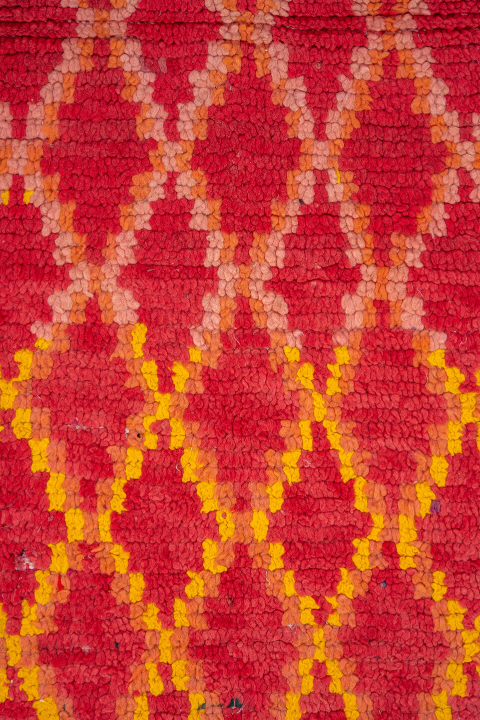 3' x 9' one-of-a-kind handmade vintage Rag Rug runner rug. Color palette: red, coral, gold, terra cotta, rose, terracotta