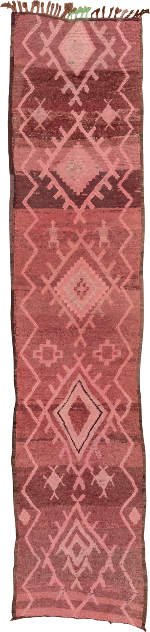 2' x 13' one-of-a-kind handmade vintage Rag Rug runner rug. Color palette: rose, mauve, dusty pink, burgundy, blush, brown