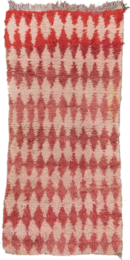 2' x 5' one-of-a-kind handmade vintage Moroccan small size rug. Color palette: rose, ivory, coral, blush, taupe, pink, red