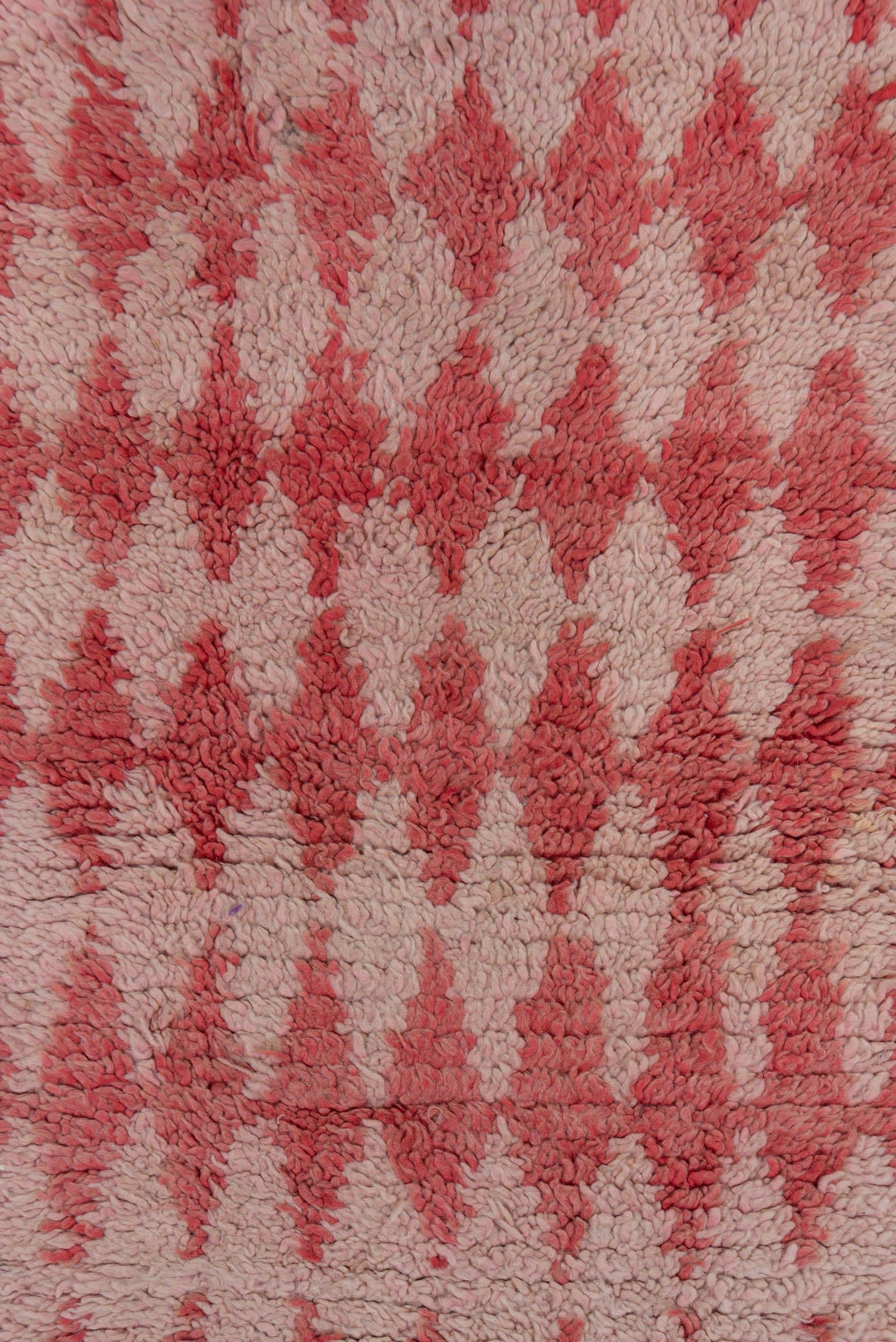 2' x 5' one-of-a-kind handmade vintage Moroccan small size rug. Color palette: rose, ivory, coral, blush, taupe, pink, red